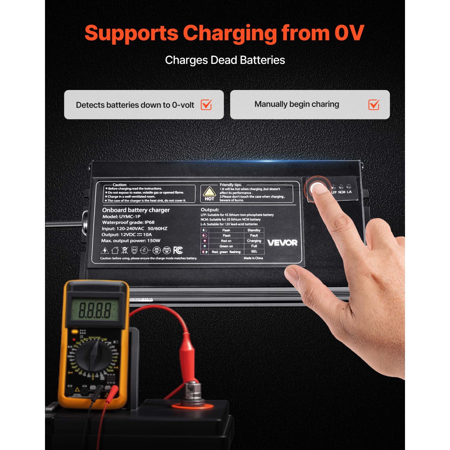 VEVOR 10A Marine Battery Charger, 1-Bank, 12V Onboard Boat Charger, IP68 Waterproof Smart On-Board Battery Charger, for Lithium-Ion, NCM, Lead-Acid
