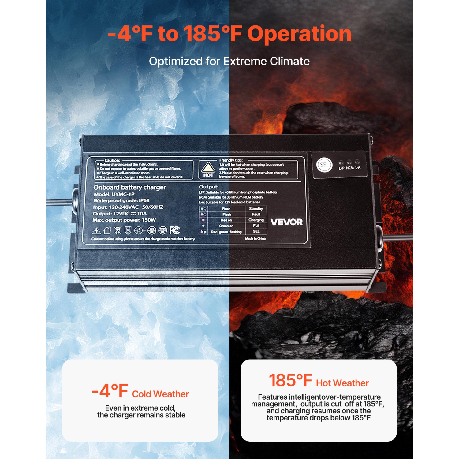 VEVOR 10A Marine Battery Charger, 1-Bank, 12V Onboard Boat Charger, IP68 Waterproof Smart On-Board Battery Charger, for Lithium-Ion, NCM, Lead-Acid