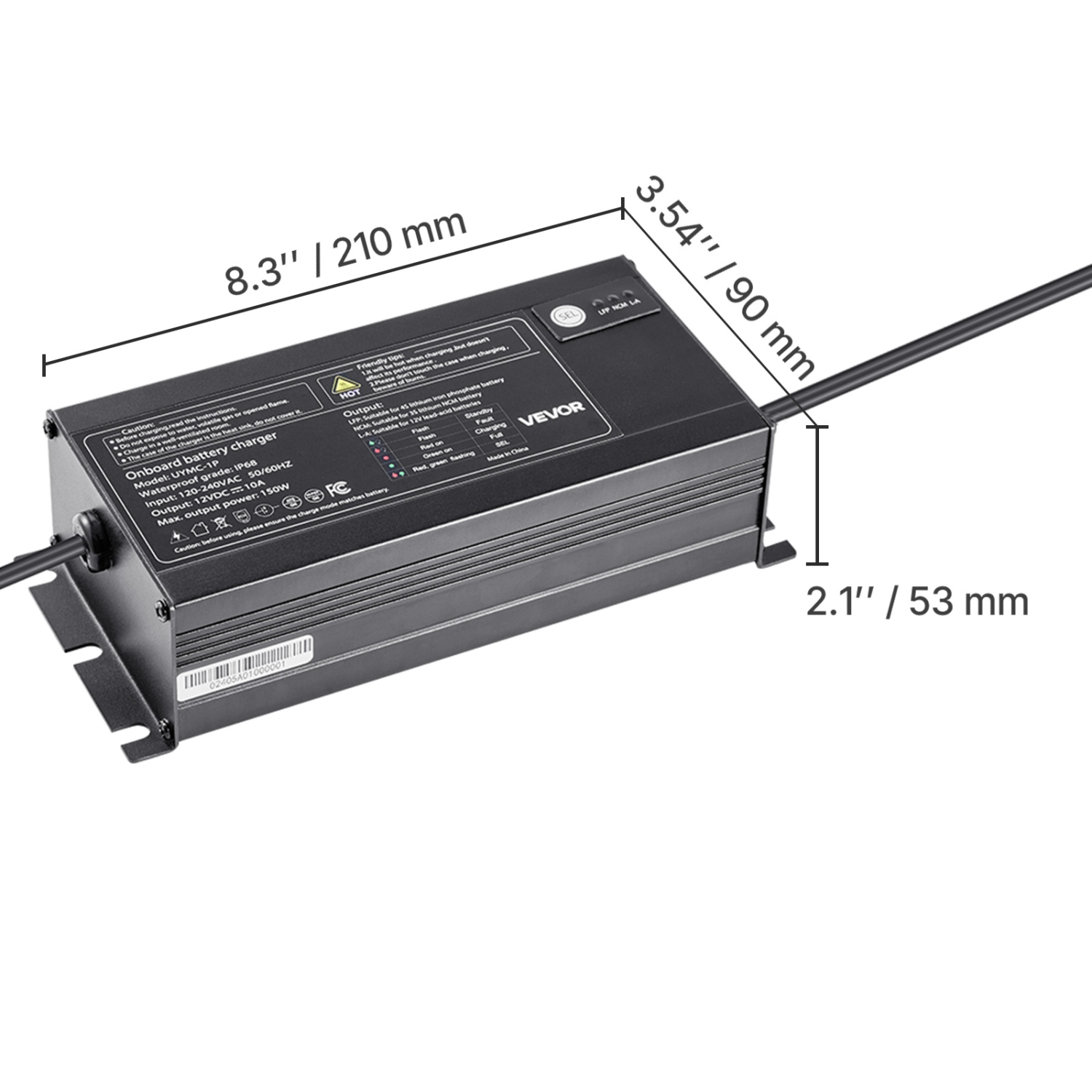 VEVOR 10A Marine Battery Charger, 1-Bank, 12V Onboard Boat Charger, IP68 Waterproof Smart On-Board Battery Charger, for Lithium-Ion, NCM, Lead-Acid