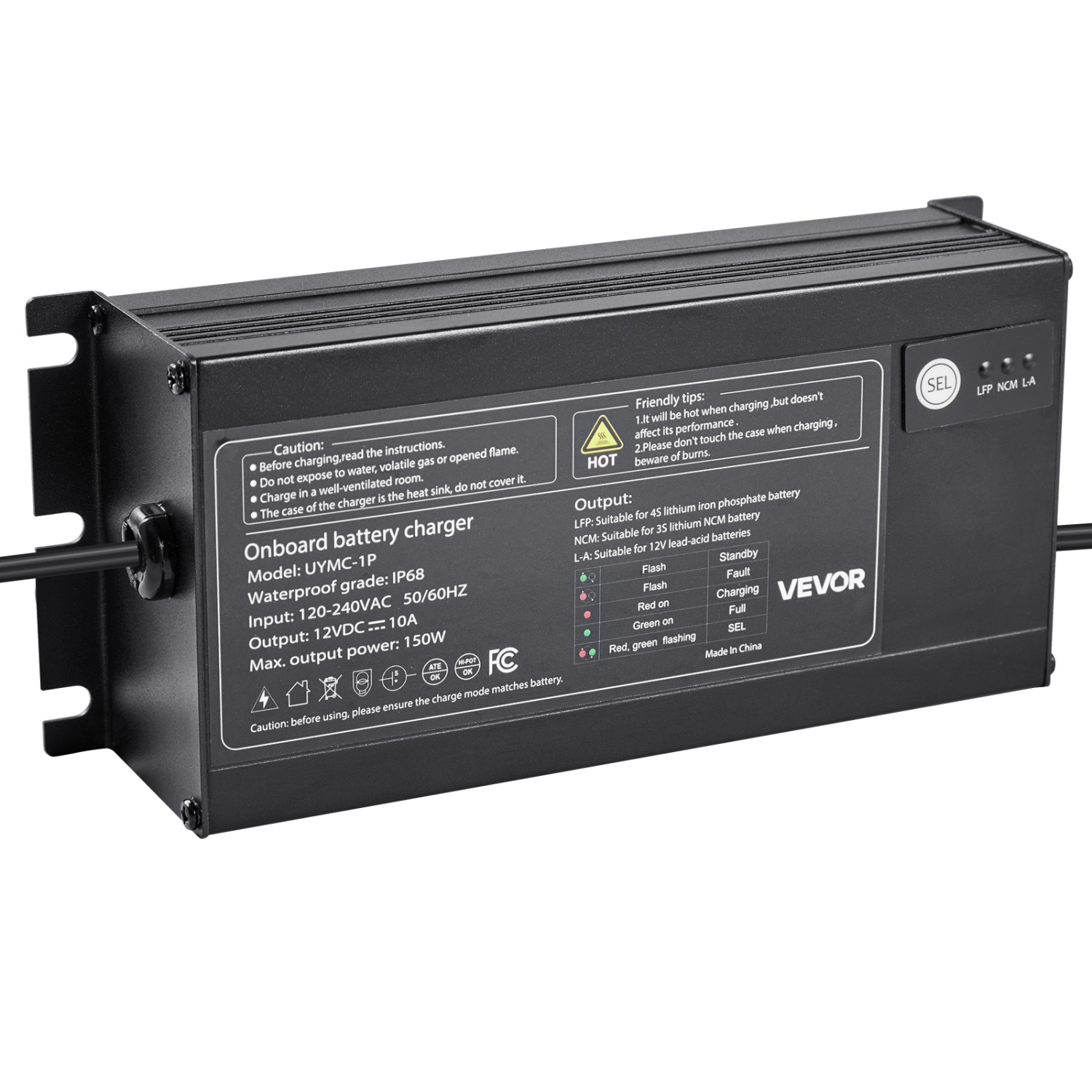 VEVOR 10A Marine Battery Charger, 1-Bank, 12V Onboard Boat Charger, IP68 Waterproof Smart On-Board Battery Charger, for Lithium-Ion, NCM, Lead-Acid