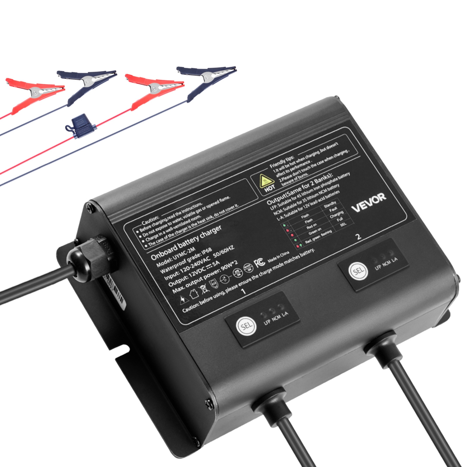 VEVOR 5A Marine Battery Charger, 2-Bank, 12V Onboard Boat Charger, IP68 Waterproof Smart On-Board Battery Charger, for Lithium-Ion, NCM, Lead-Acid