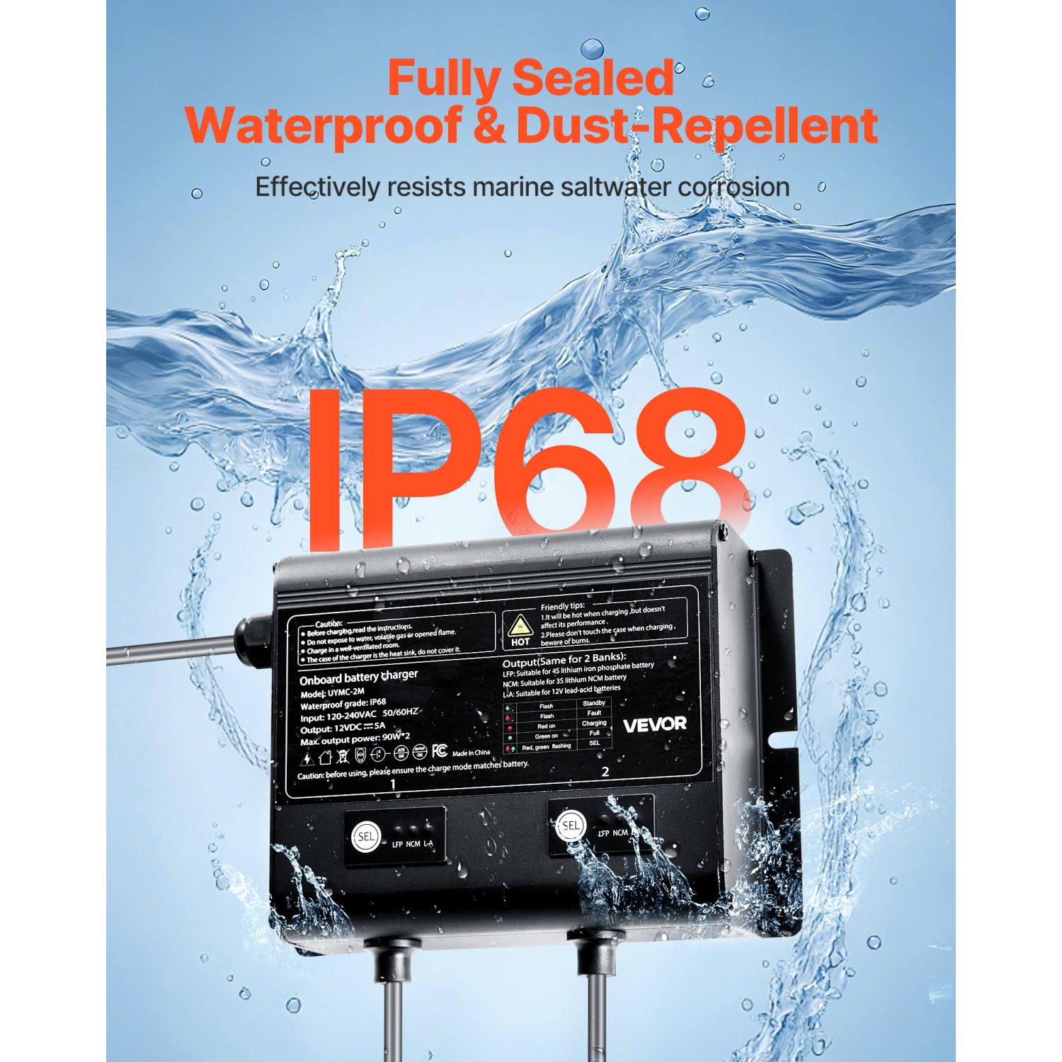 VEVOR 5A Marine Battery Charger, 2-Bank, 12V Onboard Boat Charger, IP68 Waterproof Smart On-Board Battery Charger, for Lithium-Ion, NCM, Lead-Acid