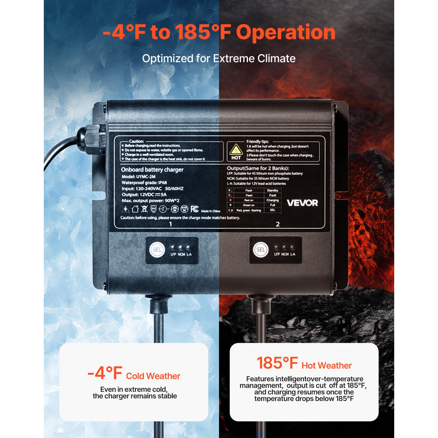 VEVOR 5A Marine Battery Charger, 2-Bank, 12V Onboard Boat Charger, IP68 Waterproof Smart On-Board Battery Charger, for Lithium-Ion, NCM, Lead-Acid