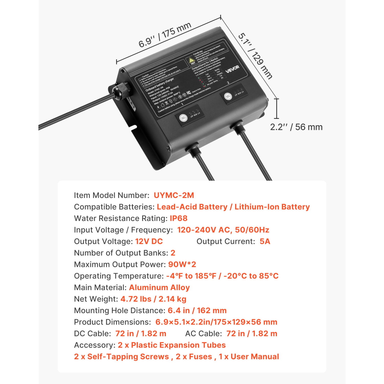 VEVOR 5A Marine Battery Charger, 2-Bank, 12V Onboard Boat Charger, IP68 Waterproof Smart On-Board Battery Charger, for Lithium-Ion, NCM, Lead-Acid