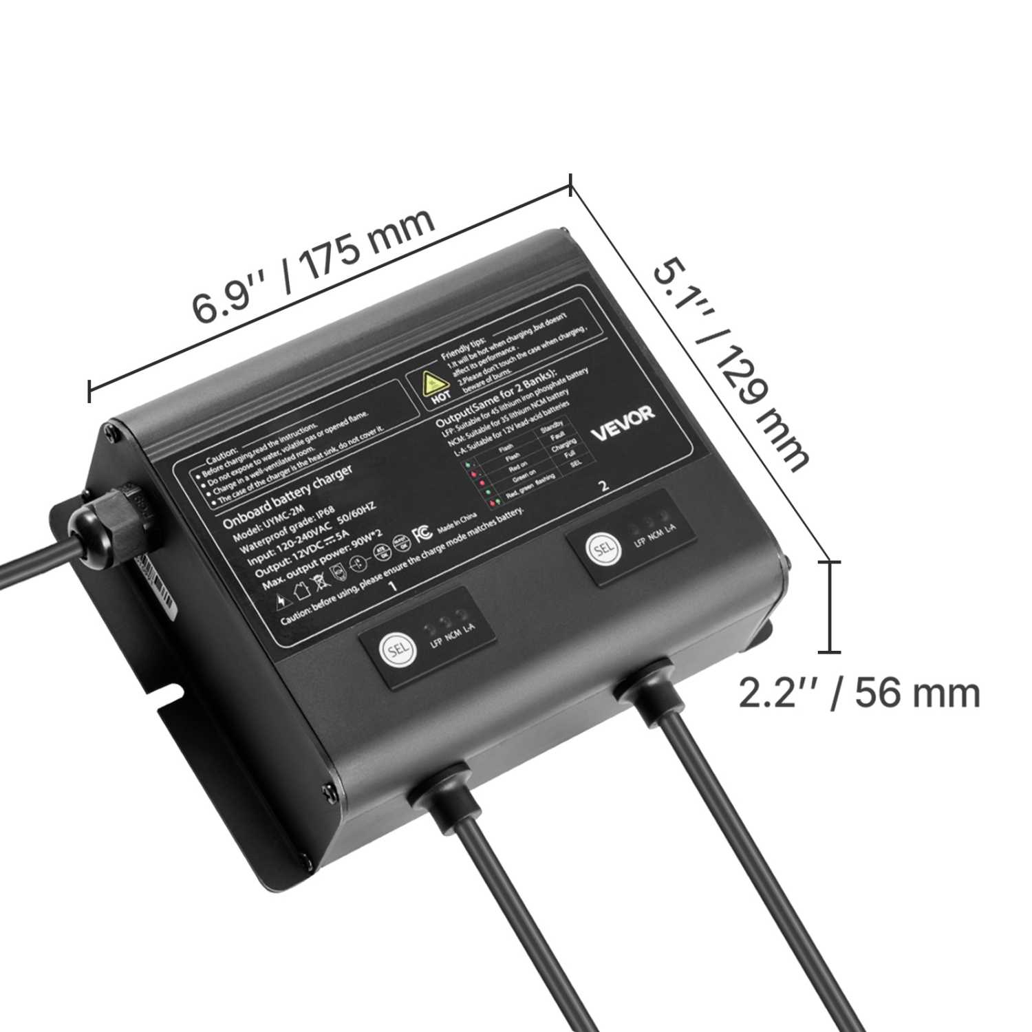 VEVOR 5A Marine Battery Charger, 2-Bank, 12V Onboard Boat Charger, IP68 Waterproof Smart On-Board Battery Charger, for Lithium-Ion, NCM, Lead-Acid