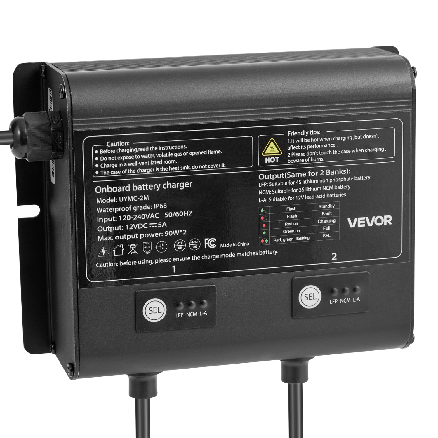 VEVOR 5A Marine Battery Charger, 2-Bank, 12V Onboard Boat Charger, IP68 Waterproof Smart On-Board Battery Charger, for Lithium-Ion, NCM, Lead-Acid