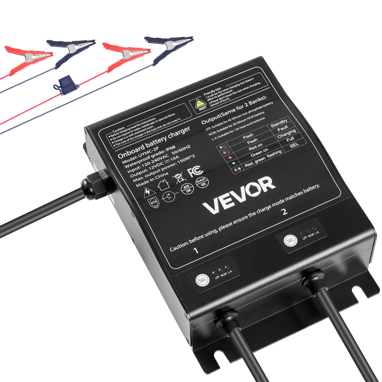 VEVOR 10A Marine Battery Charger, 2-Bank, 12V Onboard Boat Charger, IP68 Waterproof Smart On-Board Battery Charger, for Lithium-Ion, NCM, Lead-Acid