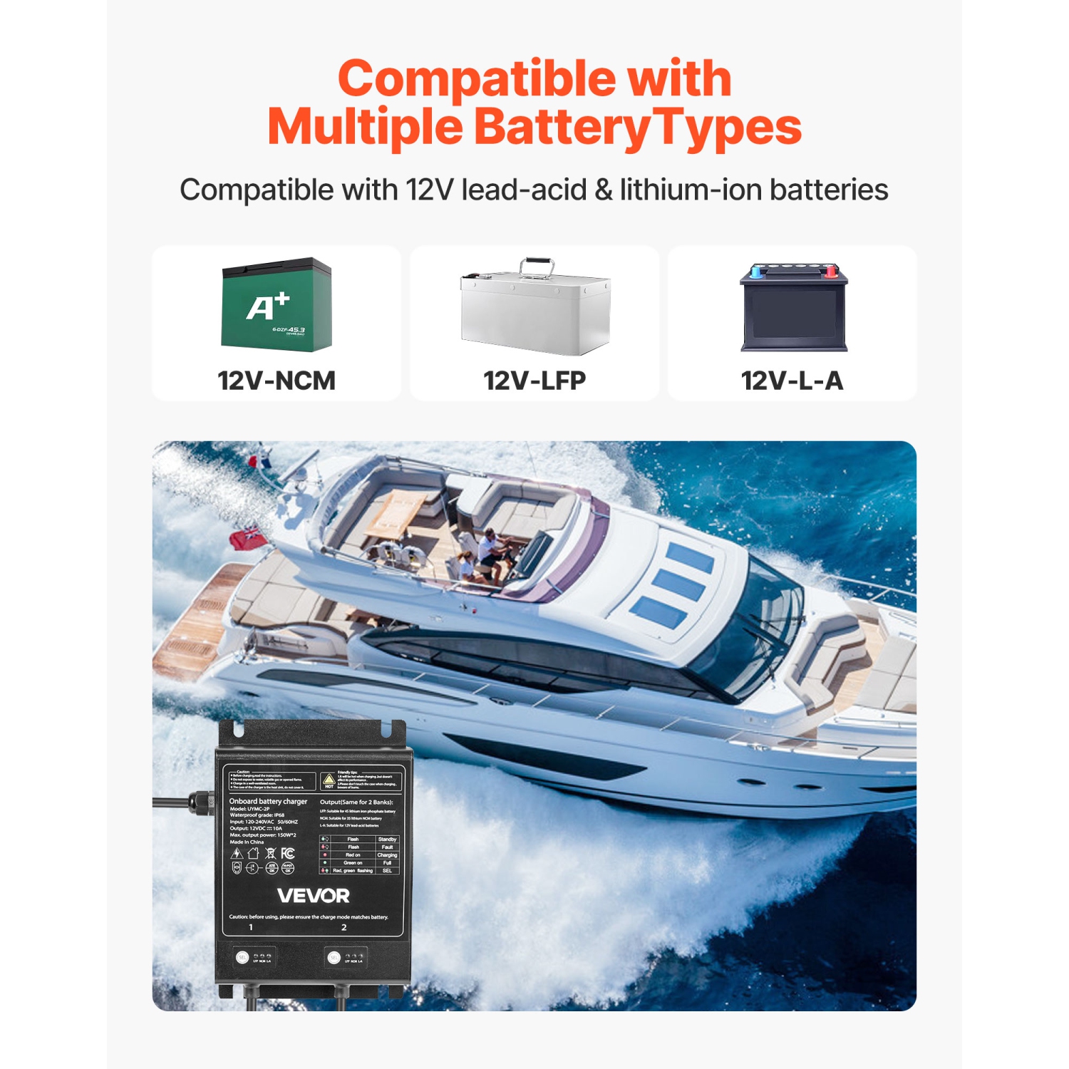 VEVOR 10A Marine Battery Charger, 2-Bank, 12V Onboard Boat Charger, IP68 Waterproof Smart On-Board Battery Charger, for Lithium-Ion, NCM, Lead-Acid