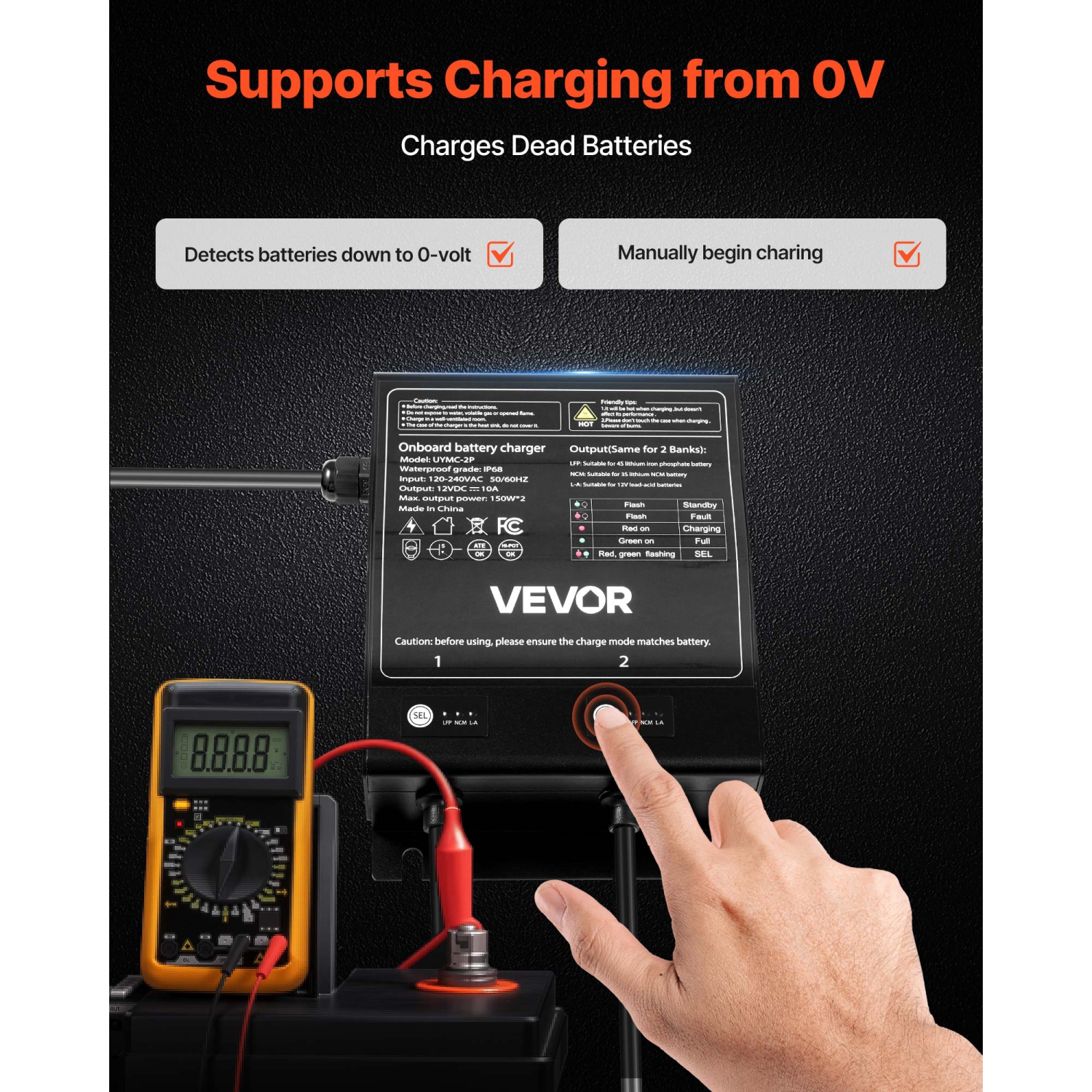 VEVOR 10A Marine Battery Charger, 2-Bank, 12V Onboard Boat Charger, IP68 Waterproof Smart On-Board Battery Charger, for Lithium-Ion, NCM, Lead-Acid