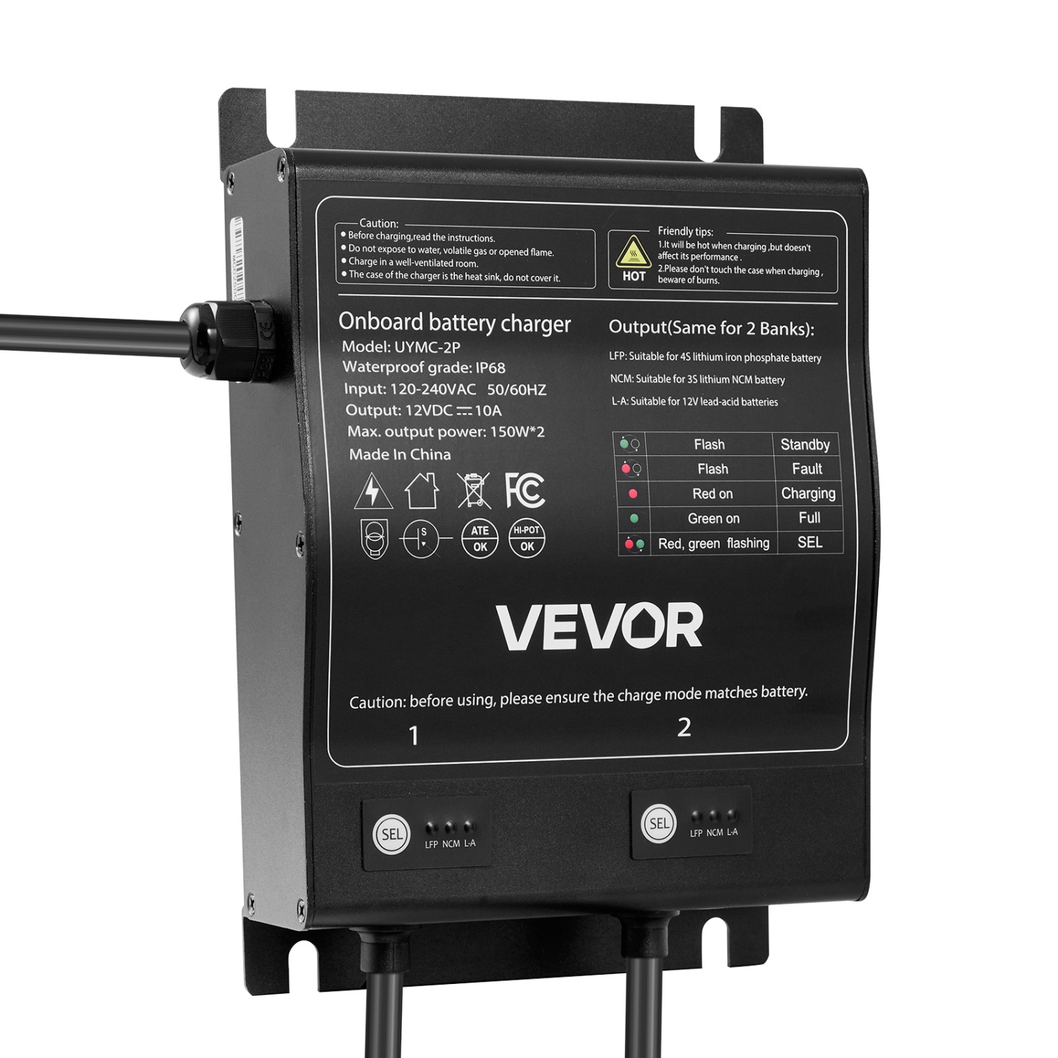 VEVOR 10A Marine Battery Charger, 2-Bank, 12V Onboard Boat Charger, IP68 Waterproof Smart On-Board Battery Charger, for Lithium-Ion, NCM, Lead-Acid