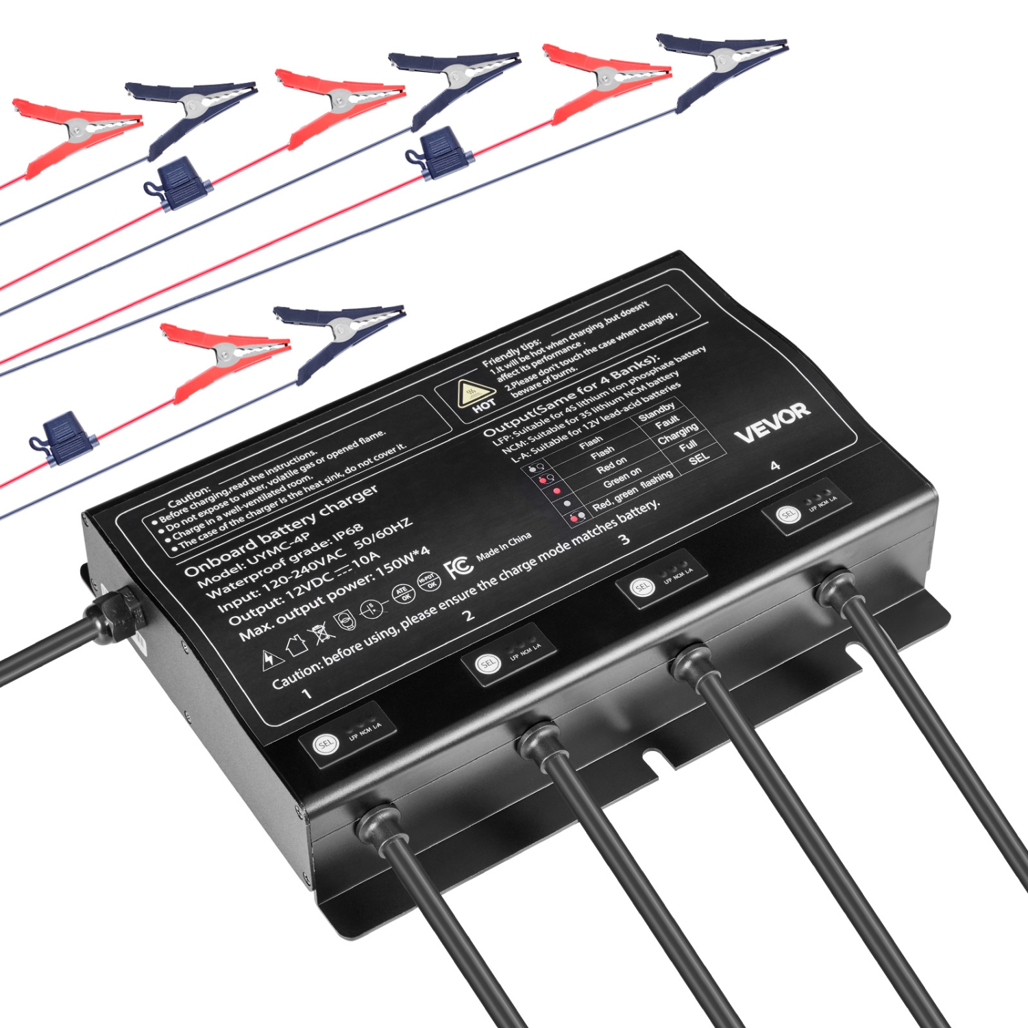 VEVOR 4-Bank Marine Battery Charger, 10A 12V Onboard Boat Charger, IP68 Waterproof Smart On-Board Battery Charger, for Lithium-Ion, NCM, Lead-Acid