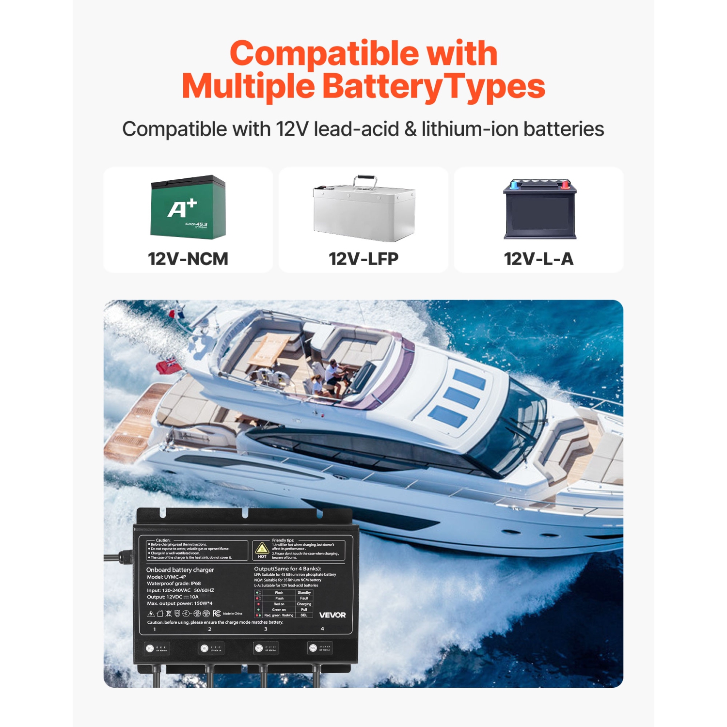 VEVOR 4-Bank Marine Battery Charger, 10A 12V Onboard Boat Charger, IP68 Waterproof Smart On-Board Battery Charger, for Lithium-Ion, NCM, Lead-Acid