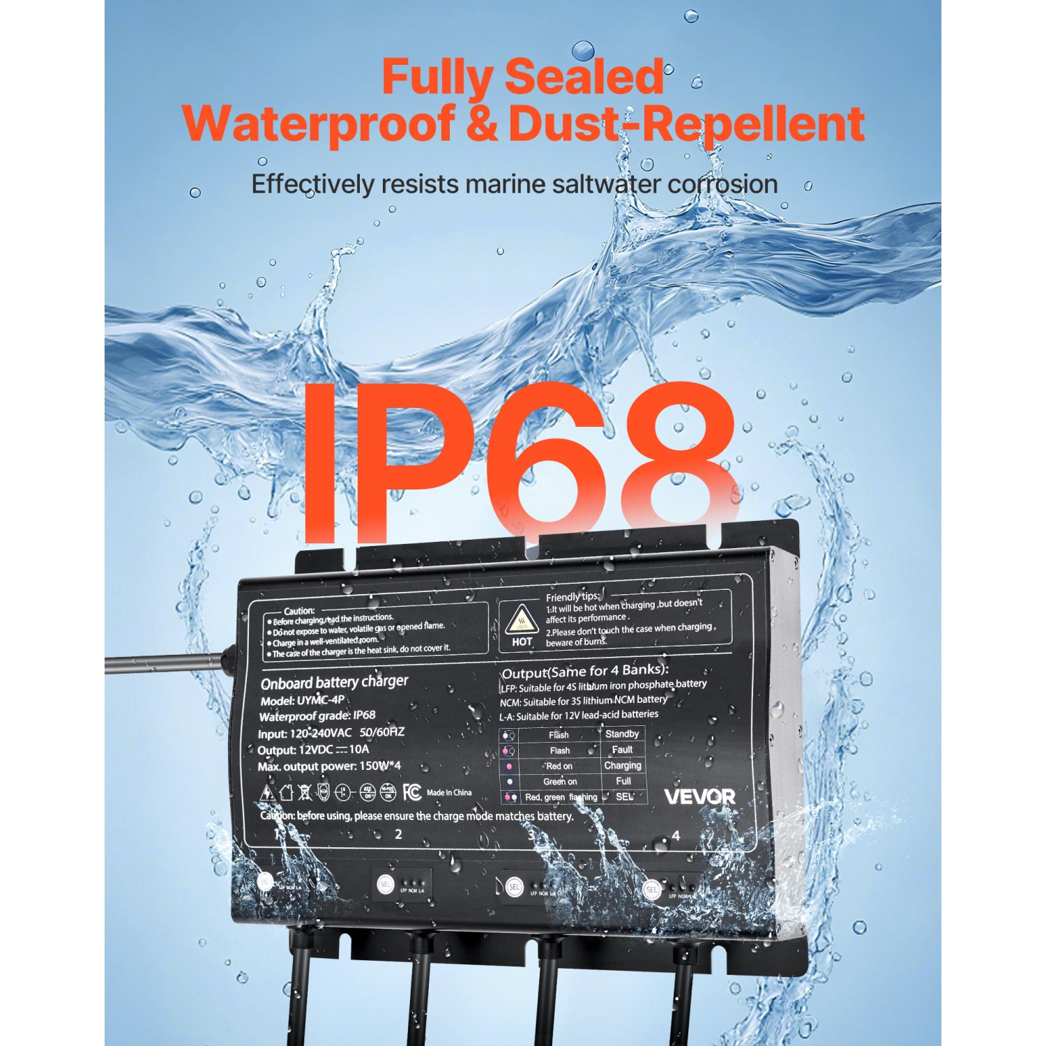 VEVOR 4-Bank Marine Battery Charger, 10A 12V Onboard Boat Charger, IP68 Waterproof Smart On-Board Battery Charger, for Lithium-Ion, NCM, Lead-Acid