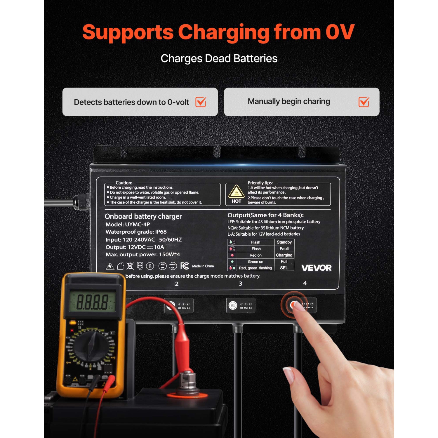 VEVOR 4-Bank Marine Battery Charger, 10A 12V Onboard Boat Charger, IP68 Waterproof Smart On-Board Battery Charger, for Lithium-Ion, NCM, Lead-Acid