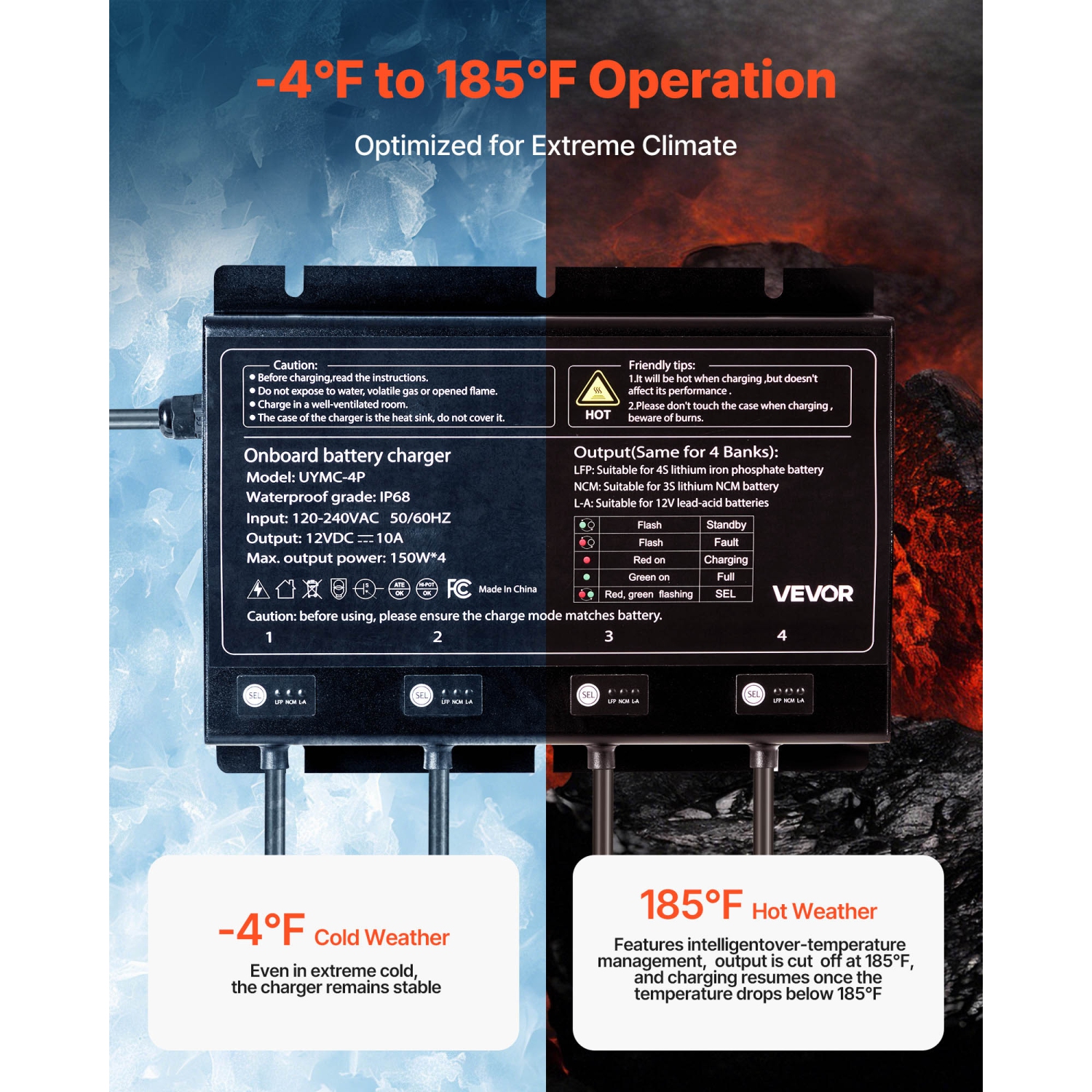 VEVOR 4-Bank Marine Battery Charger, 10A 12V Onboard Boat Charger, IP68 Waterproof Smart On-Board Battery Charger, for Lithium-Ion, NCM, Lead-Acid