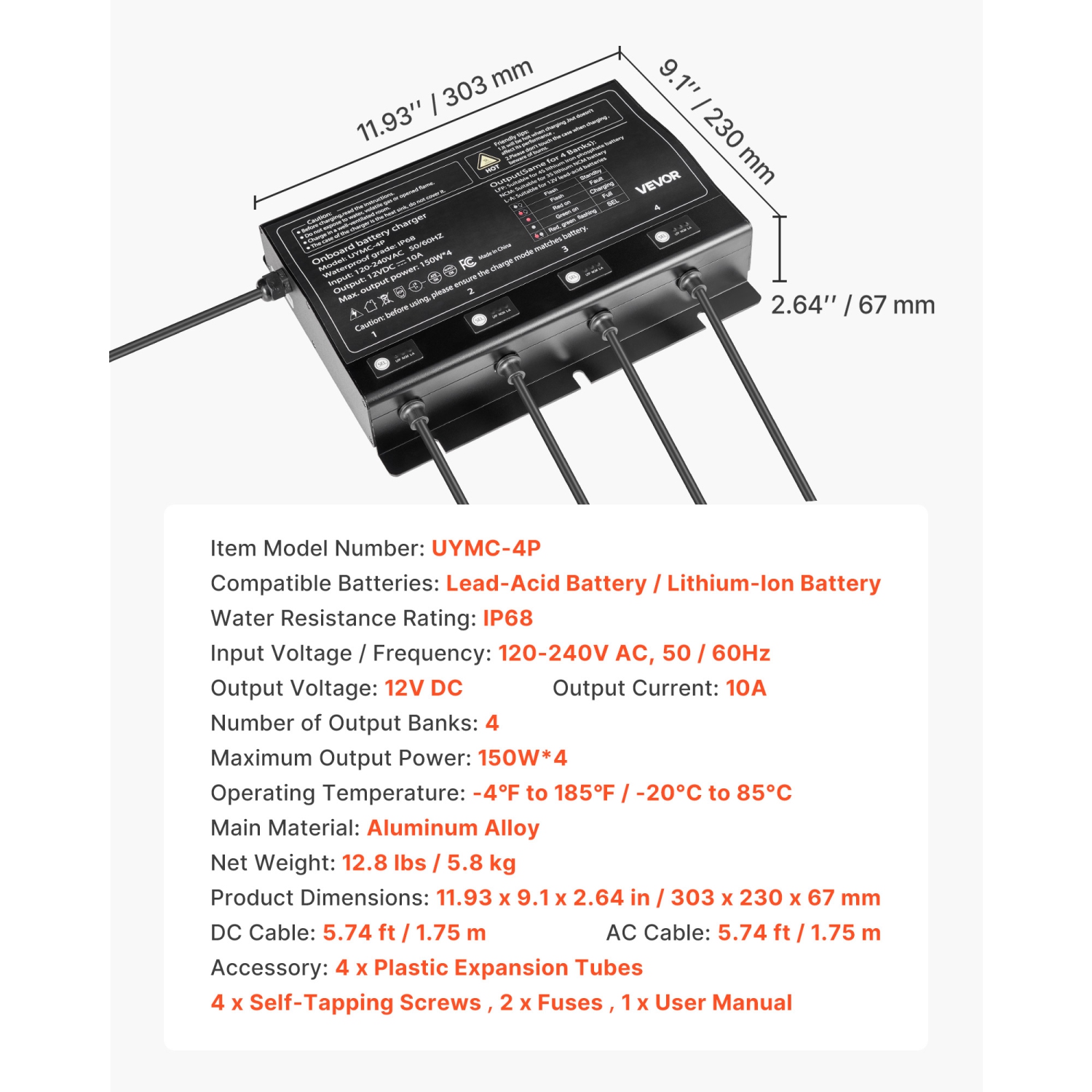 VEVOR 4-Bank Marine Battery Charger, 10A 12V Onboard Boat Charger, IP68 Waterproof Smart On-Board Battery Charger, for Lithium-Ion, NCM, Lead-Acid