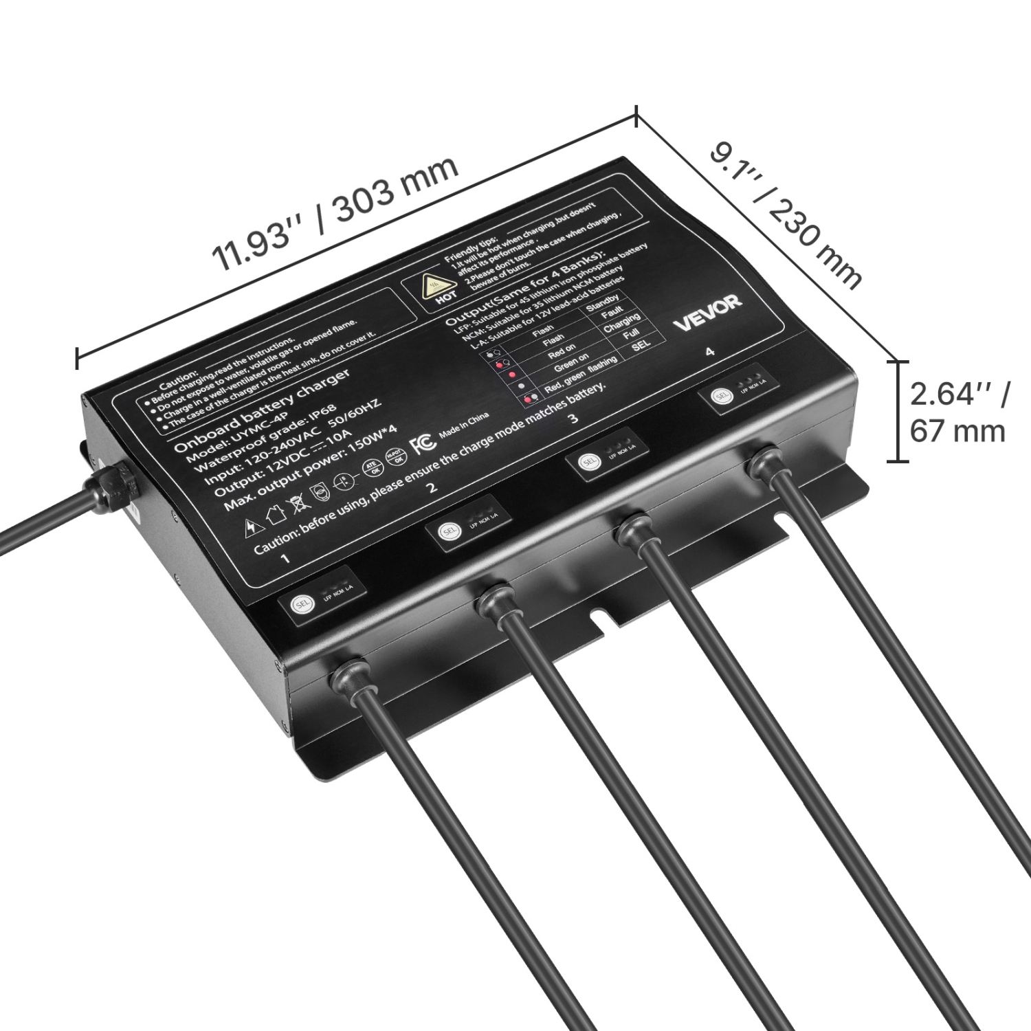 VEVOR 4-Bank Marine Battery Charger, 10A 12V Onboard Boat Charger, IP68 Waterproof Smart On-Board Battery Charger, for Lithium-Ion, NCM, Lead-Acid