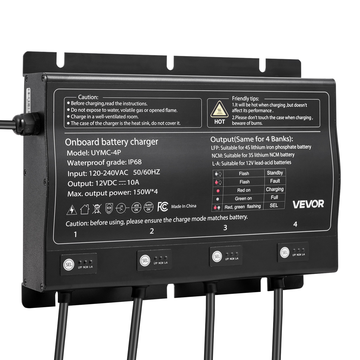 VEVOR 4-Bank Marine Battery Charger, 10A 12V Onboard Boat Charger, IP68 Waterproof Smart On-Board Battery Charger, for Lithium-Ion, NCM, Lead-Acid