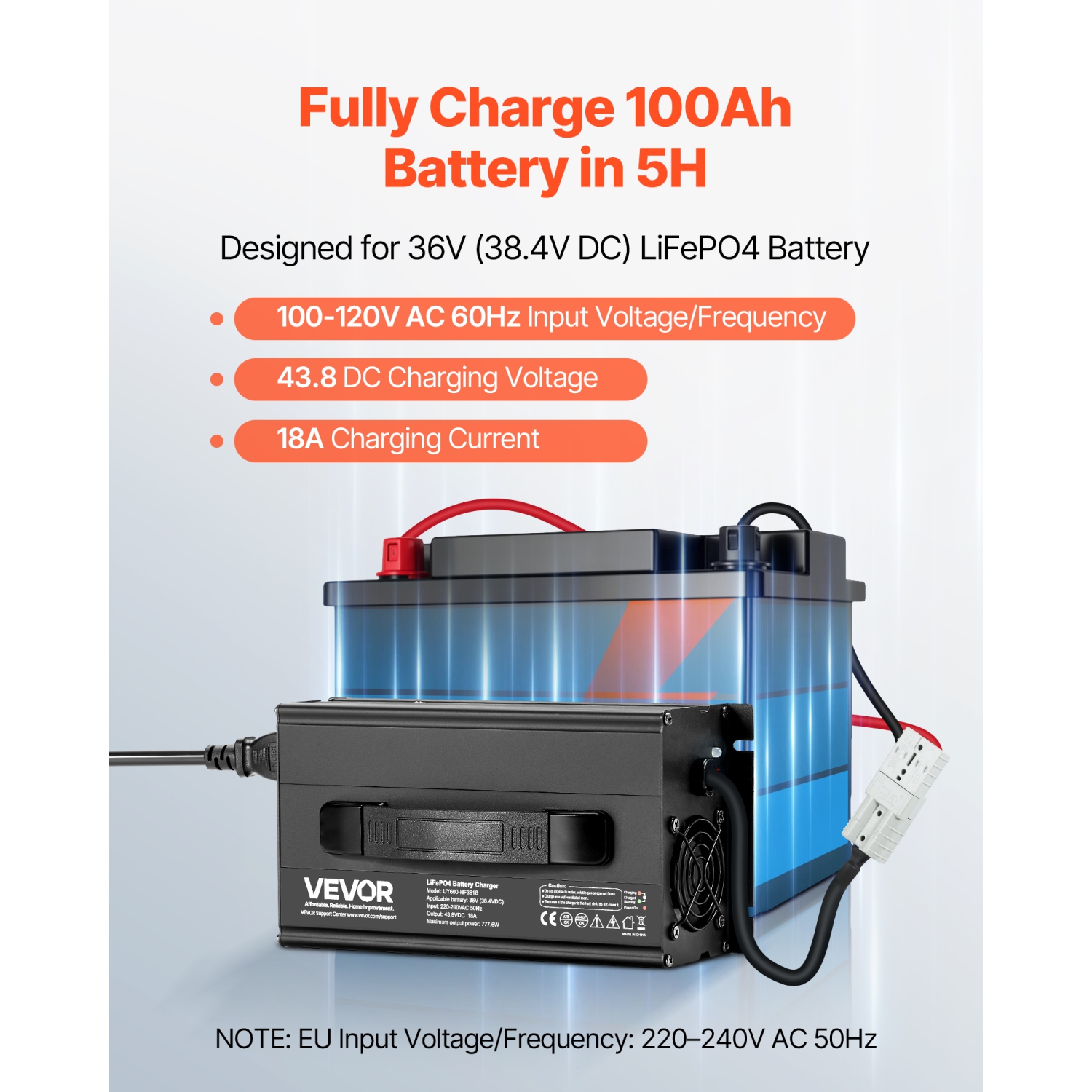 VEVOR 36V 18A Lithium Battery Charger, 43.8V, AC-DC LiFePO4 Smart Charger, with Anderson Connector,LED Indicator,0V Activation,for Lithium LiFePO4