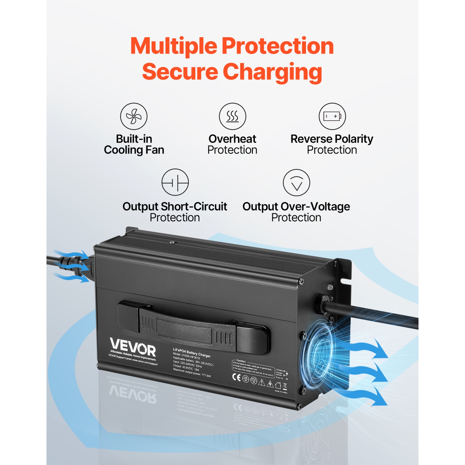 VEVOR 36V 18A Lithium Battery Charger, 43.8V, AC-DC LiFePO4 Smart Charger, with Anderson Connector,LED Indicator,0V Activation,for Lithium LiFePO4