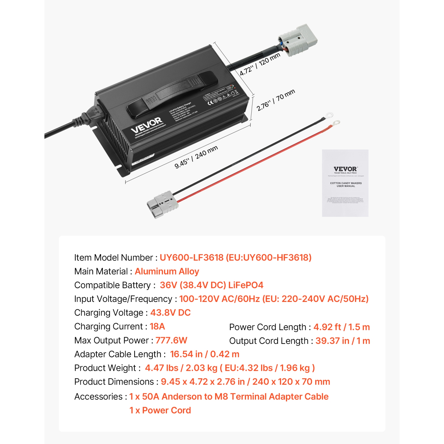 VEVOR 36V 18A Lithium Battery Charger, 43.8V, AC-DC LiFePO4 Smart Charger, with Anderson Connector,LED Indicator,0V Activation,for Lithium LiFePO4