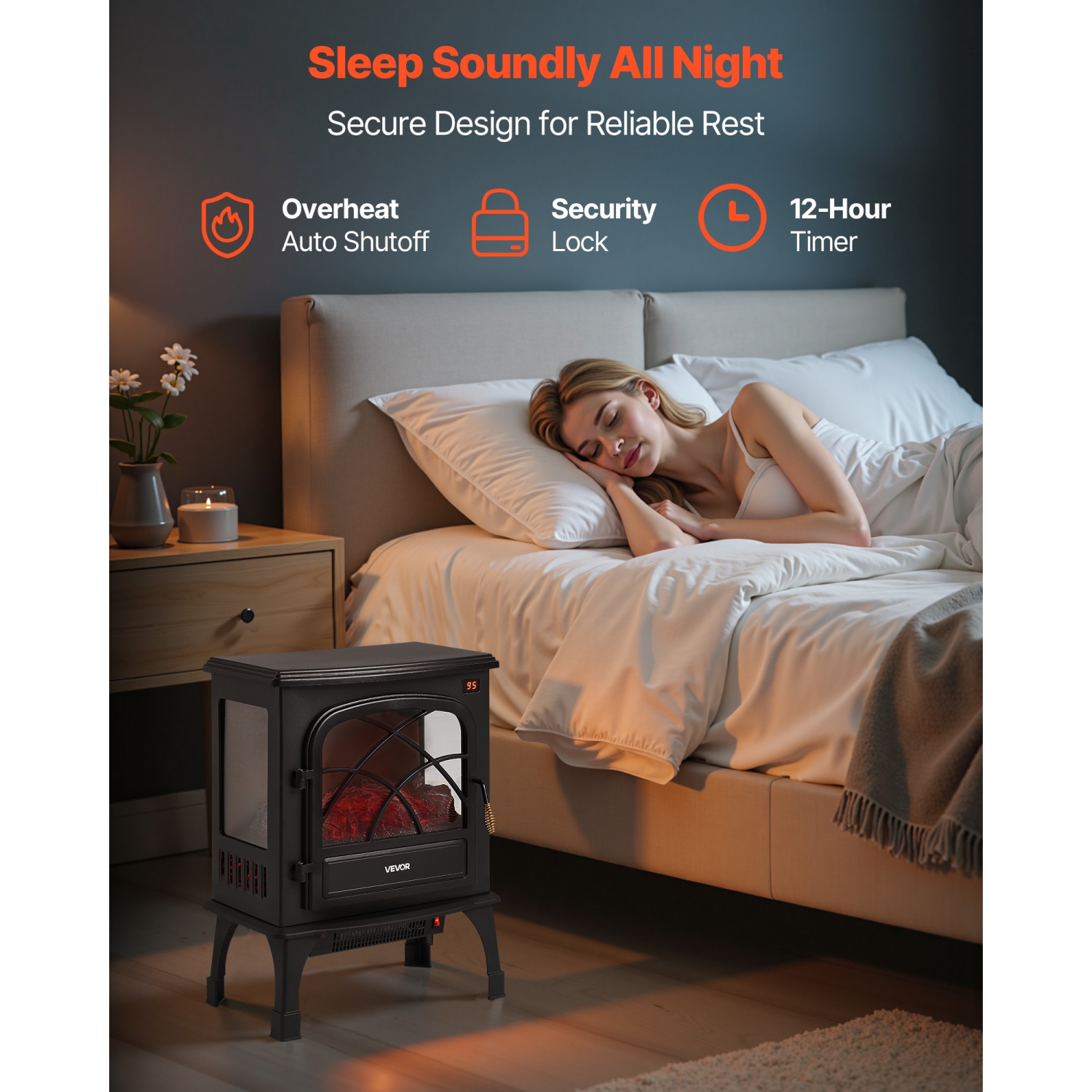 Foyers autonomes VEVOR 25,5 po, foyer électrique portatif 5120 BTU de 1500 W, avec protection contre la surchauffe, flammes réglables,