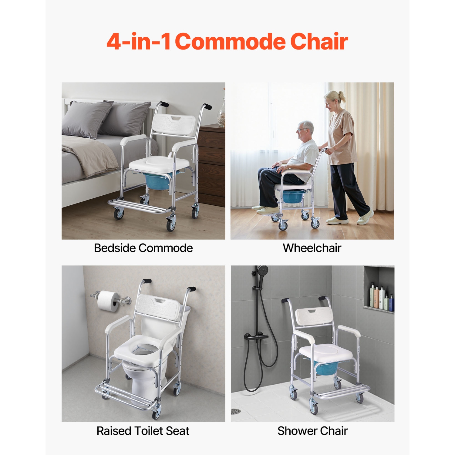 Chaise de chambre 4-en-1 avec roulettes, capacité 350&nbsp;lb, siège de toilette portatif et siège de toilette surélevé avec siège
