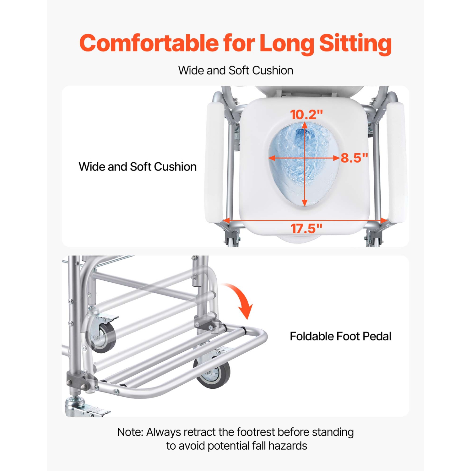 Chaise de chambre 4-en-1 avec roulettes, capacité 350&nbsp;lb, siège de toilette portatif et siège de toilette surélevé avec siège