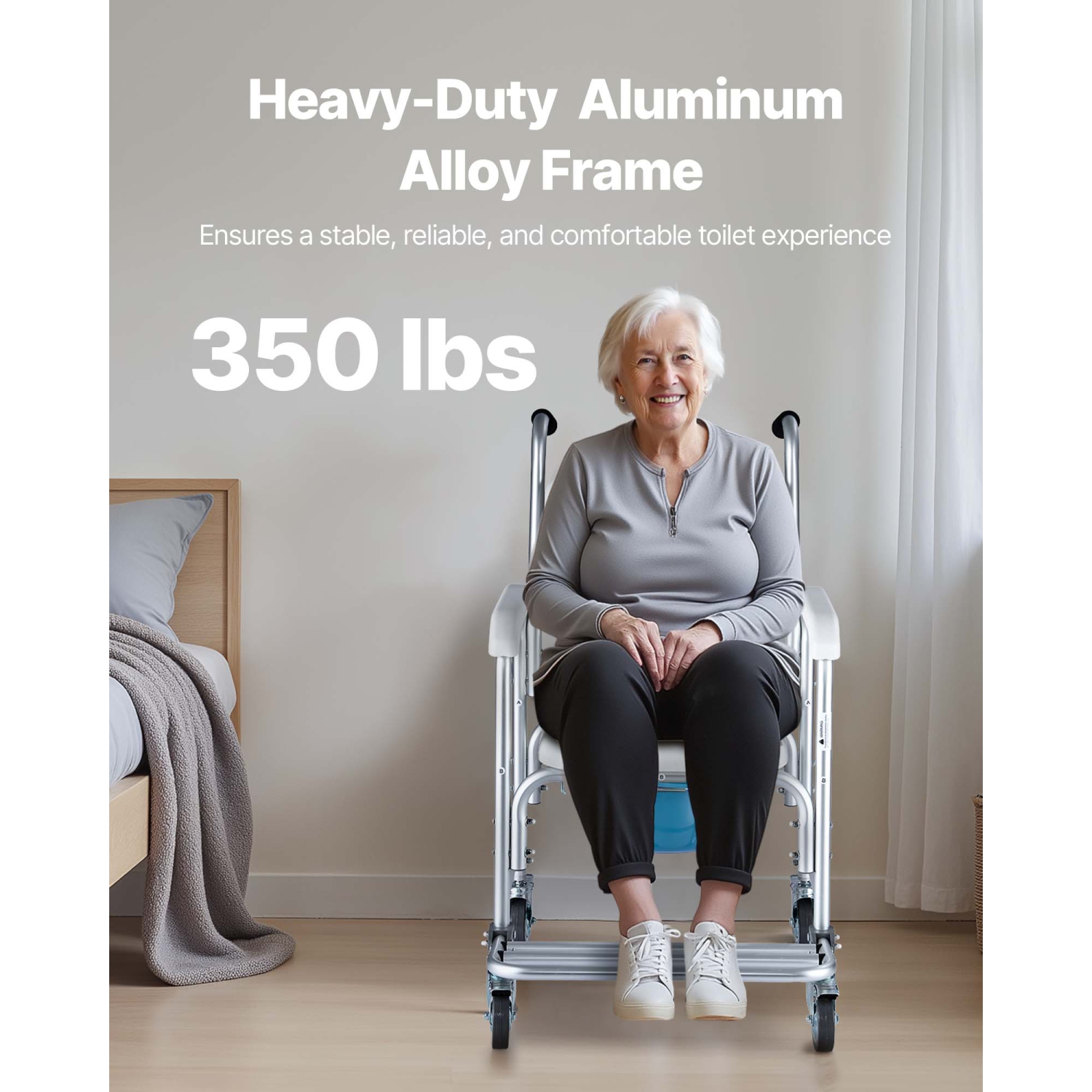 Chaise de chambre 4-en-1 avec roulettes, capacité 350&nbsp;lb, siège de toilette portatif et siège de toilette surélevé avec siège