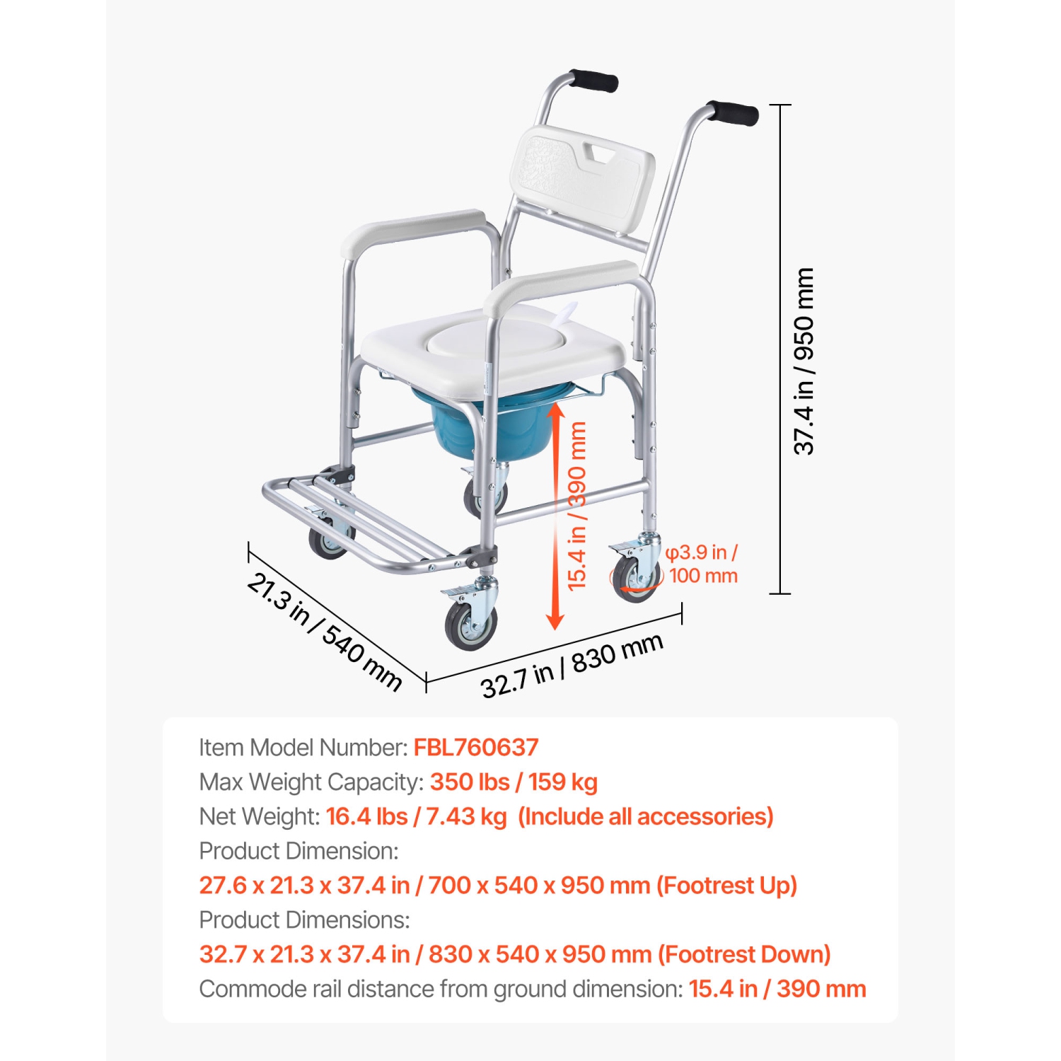Chaise de chambre 4-en-1 avec roulettes, capacité 350&nbsp;lb, siège de toilette portatif et siège de toilette surélevé avec siège