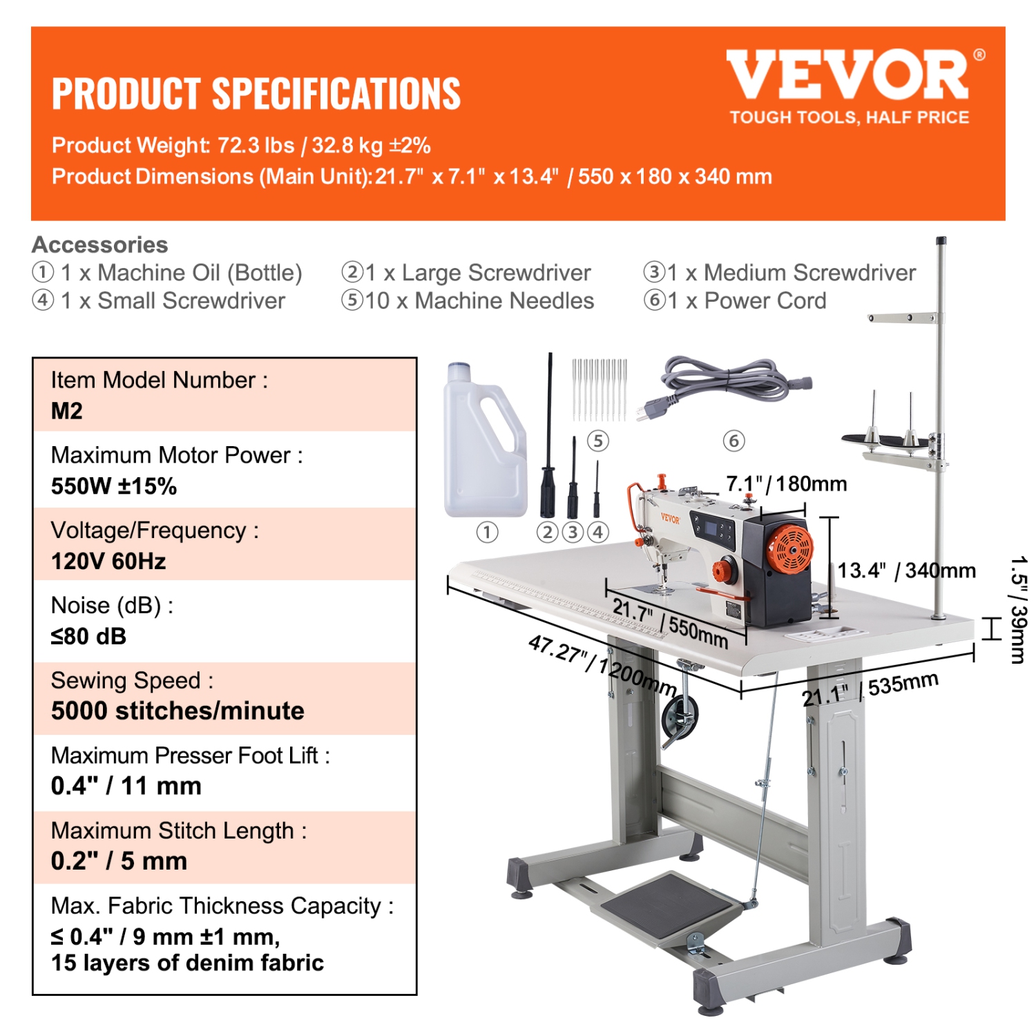 VEVOR 5000s.p.m Industrial Sewing Machine, Upgraded 550W Servo Motor with Table Stand, Heavy Duty Lockstitch Sewing Machine,Clear Control Panel and