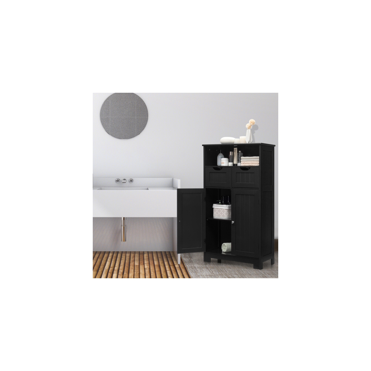 Bathroom Wooden Side Cabinet with 2 Drawers and 2 Doors for Storage