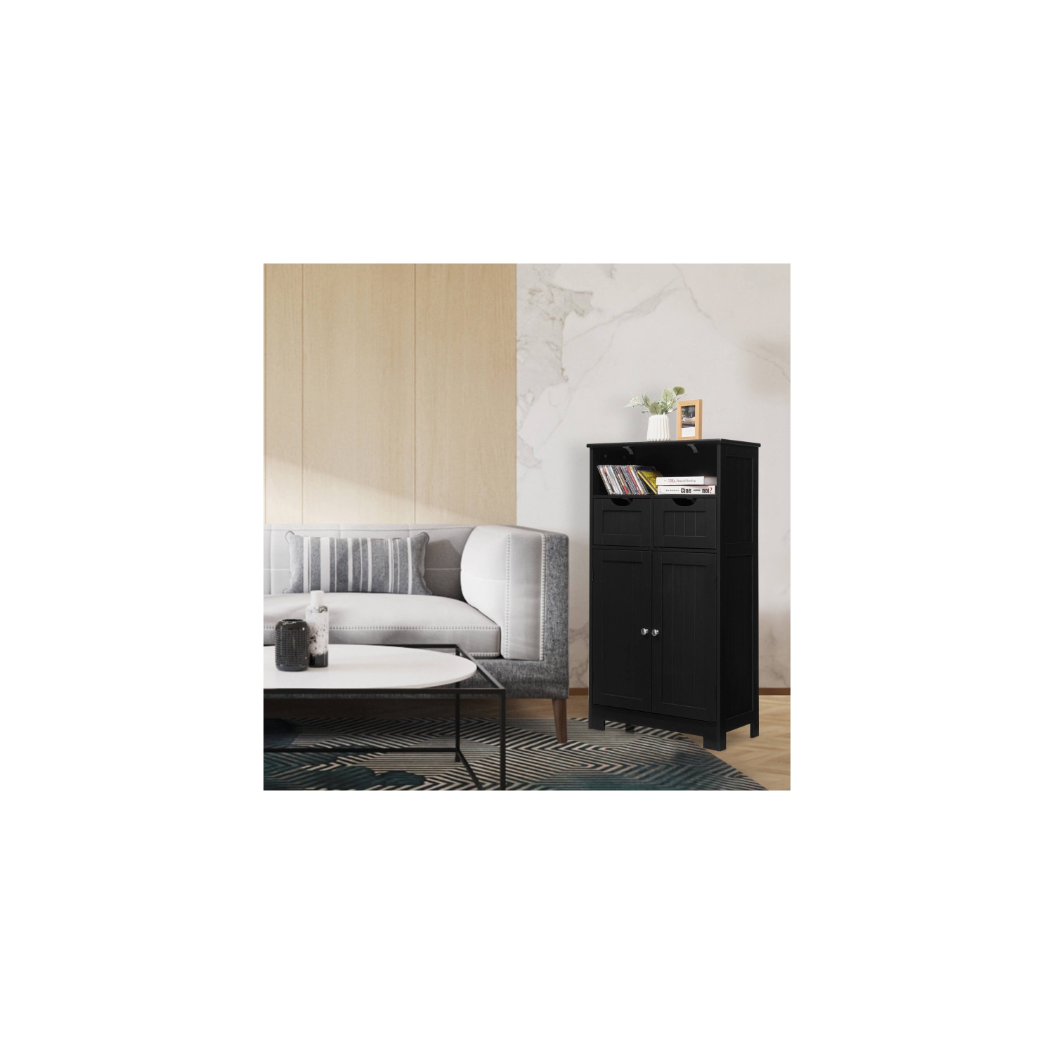 Bathroom Wooden Side Cabinet with 2 Drawers and 2 Doors for Storage