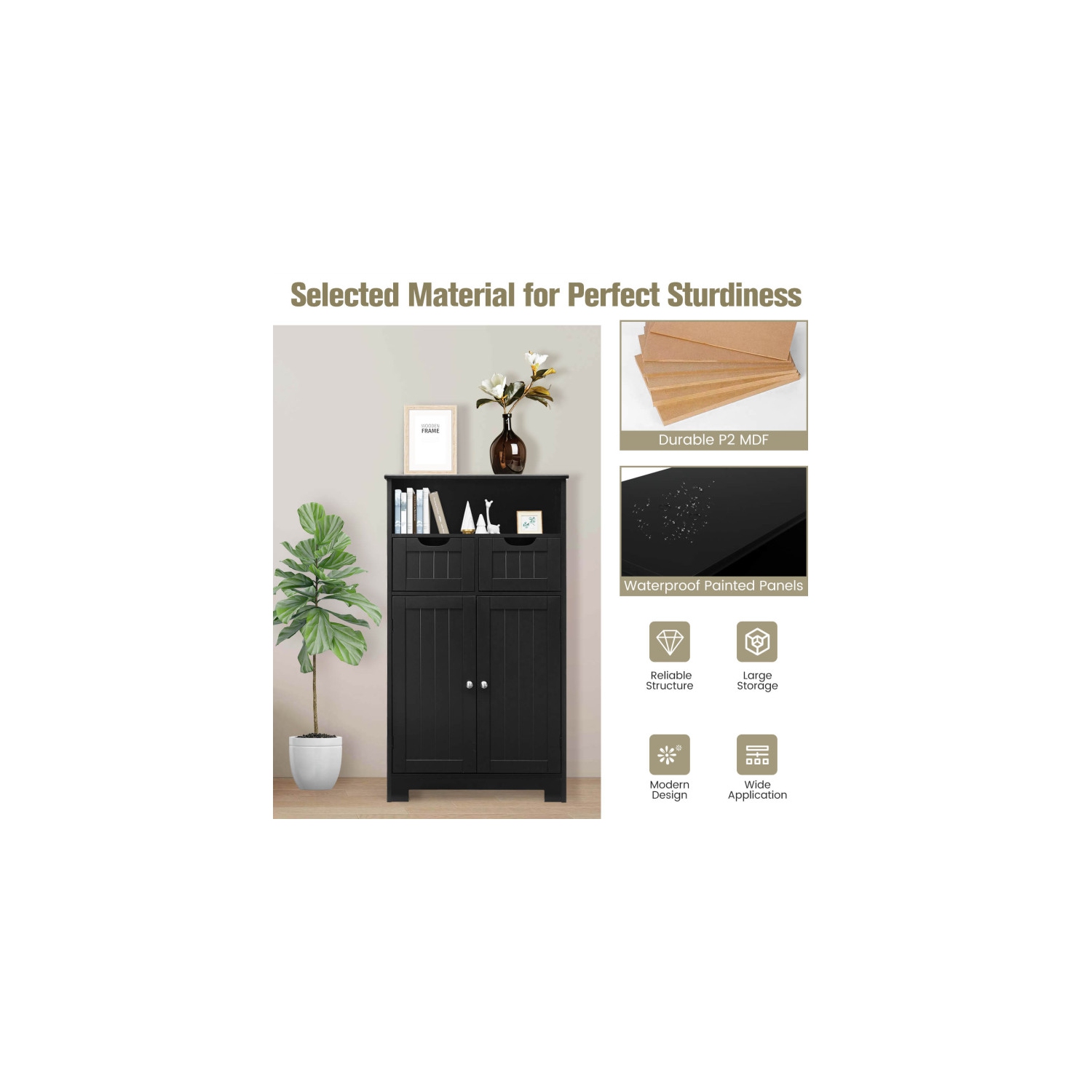 Bathroom Wooden Side Cabinet with 2 Drawers and 2 Doors for Storage