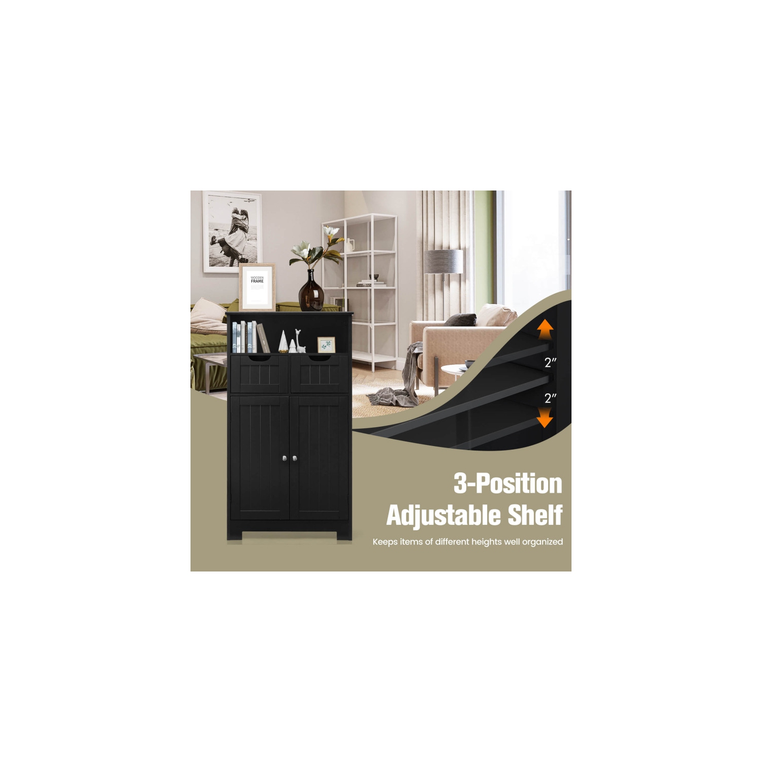 Bathroom Wooden Side Cabinet with 2 Drawers and 2 Doors for Storage