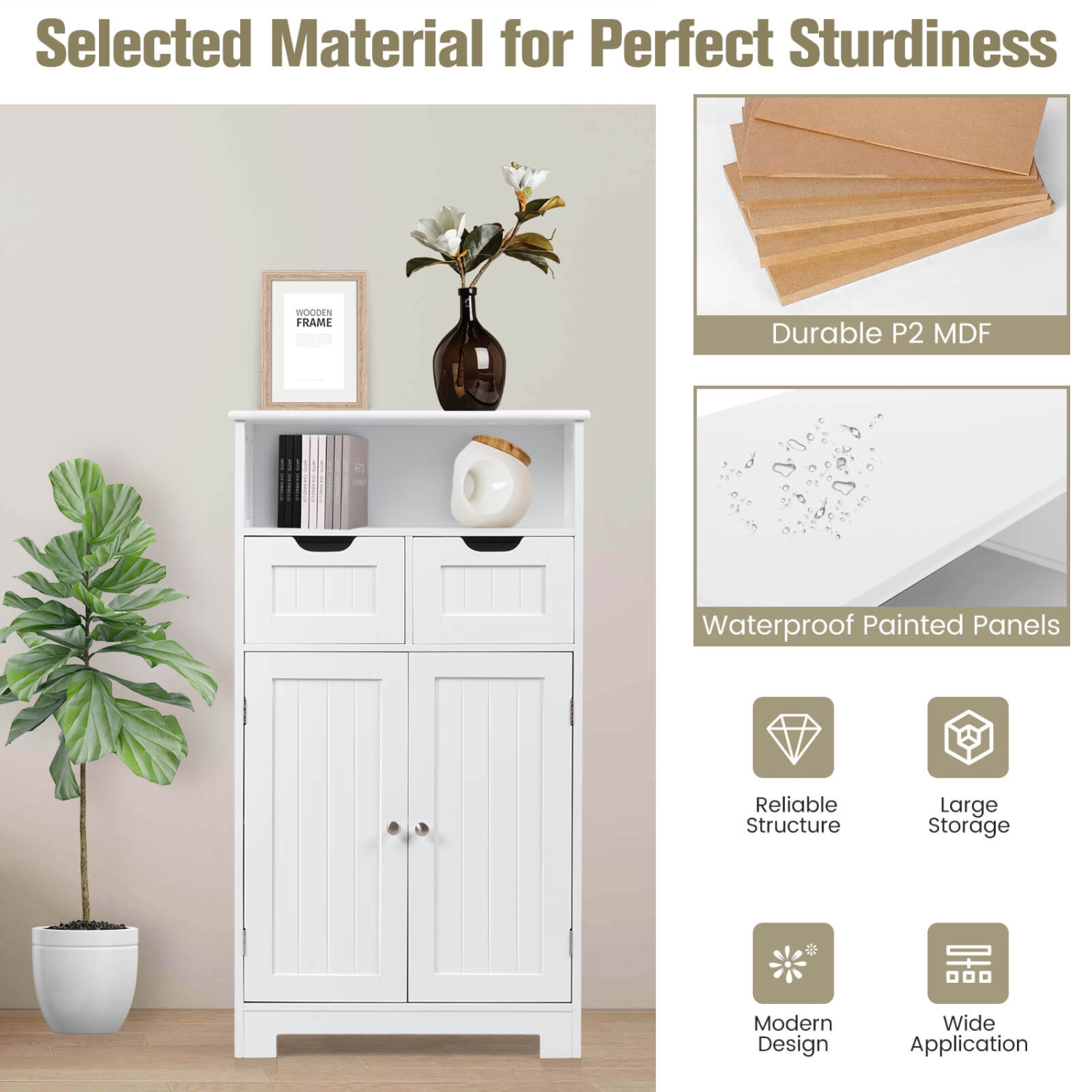 Bathroom Wooden Side Cabinet with 2 Drawers and 2 Doors for Storage