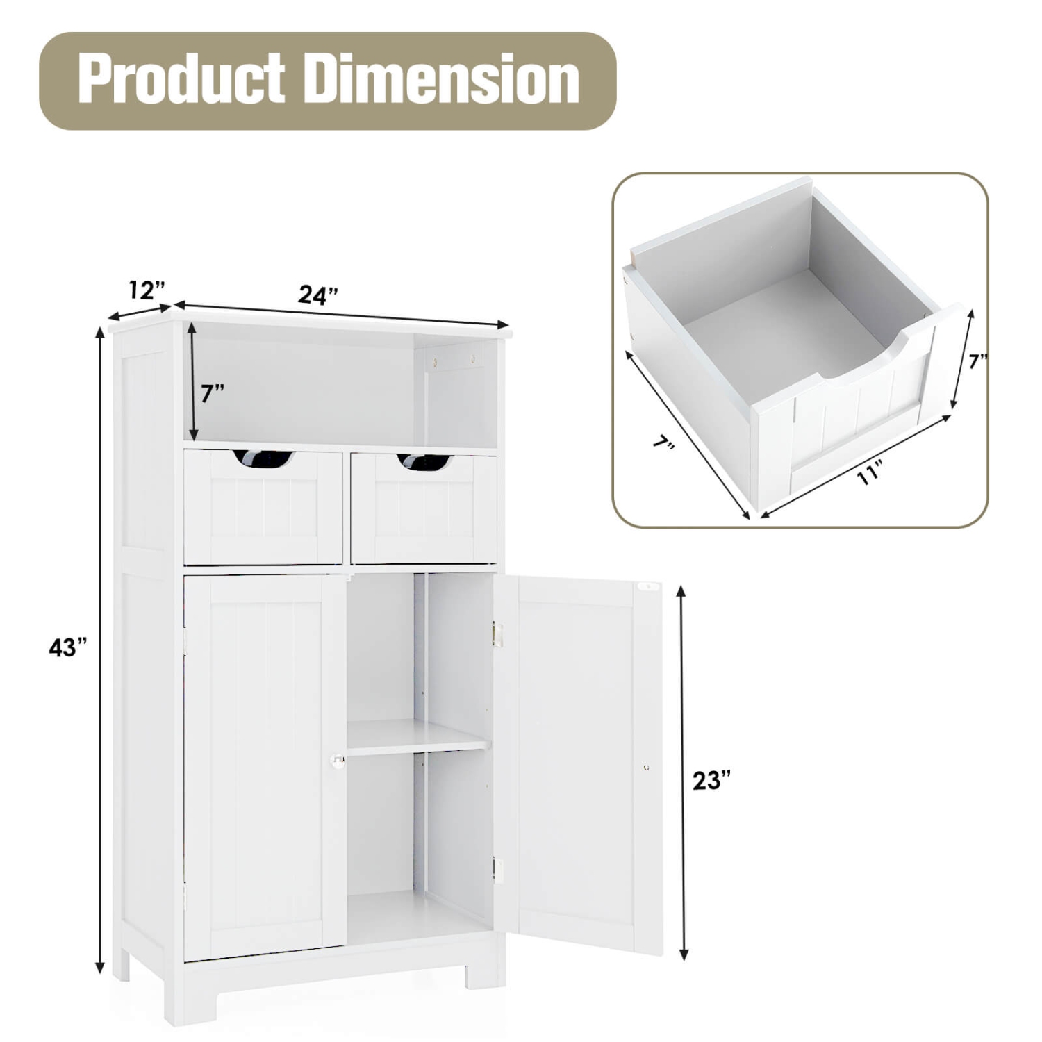 Bathroom Wooden Side Cabinet with 2 Drawers and 2 Doors for Storage