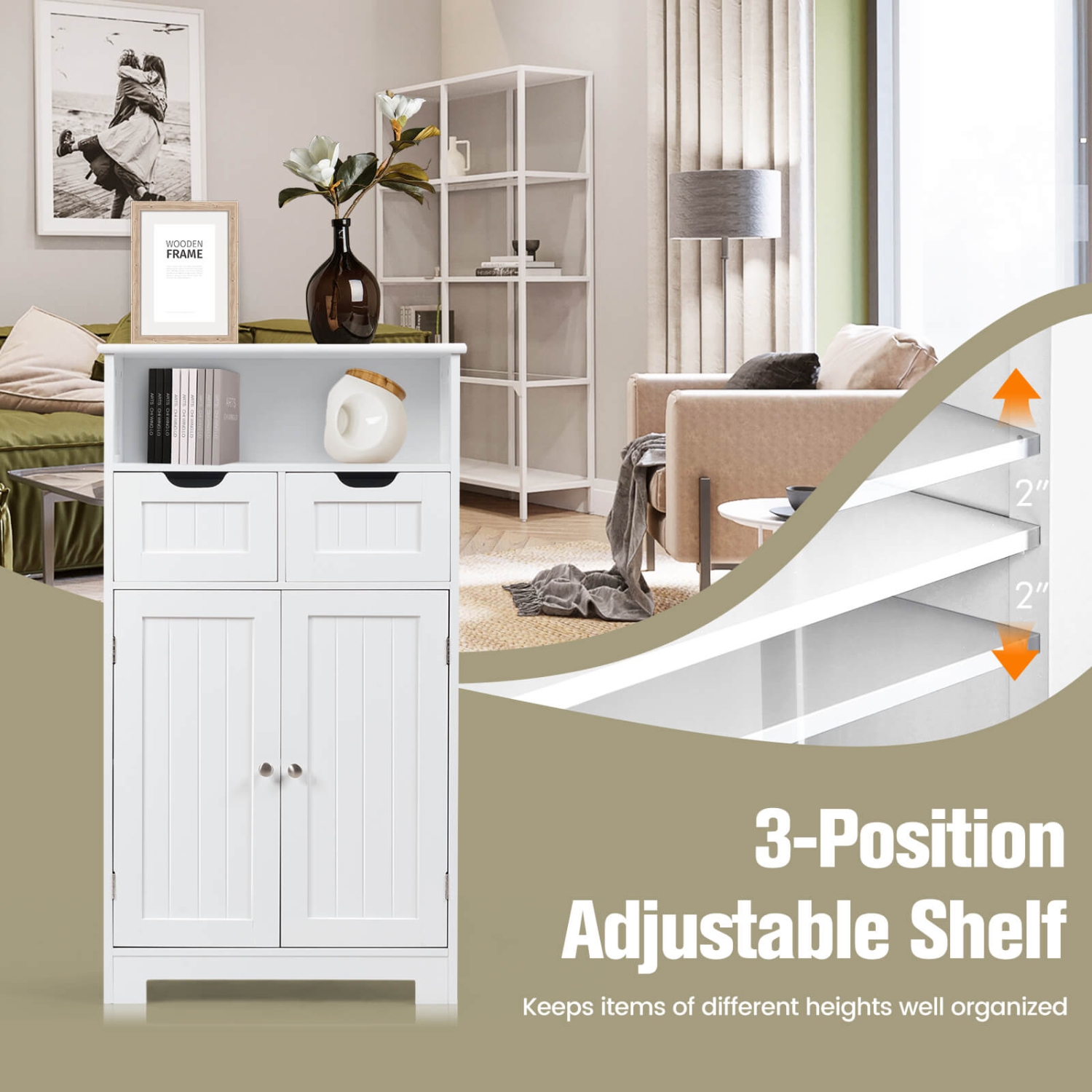 Bathroom Wooden Side Cabinet with 2 Drawers and 2 Doors for Storage