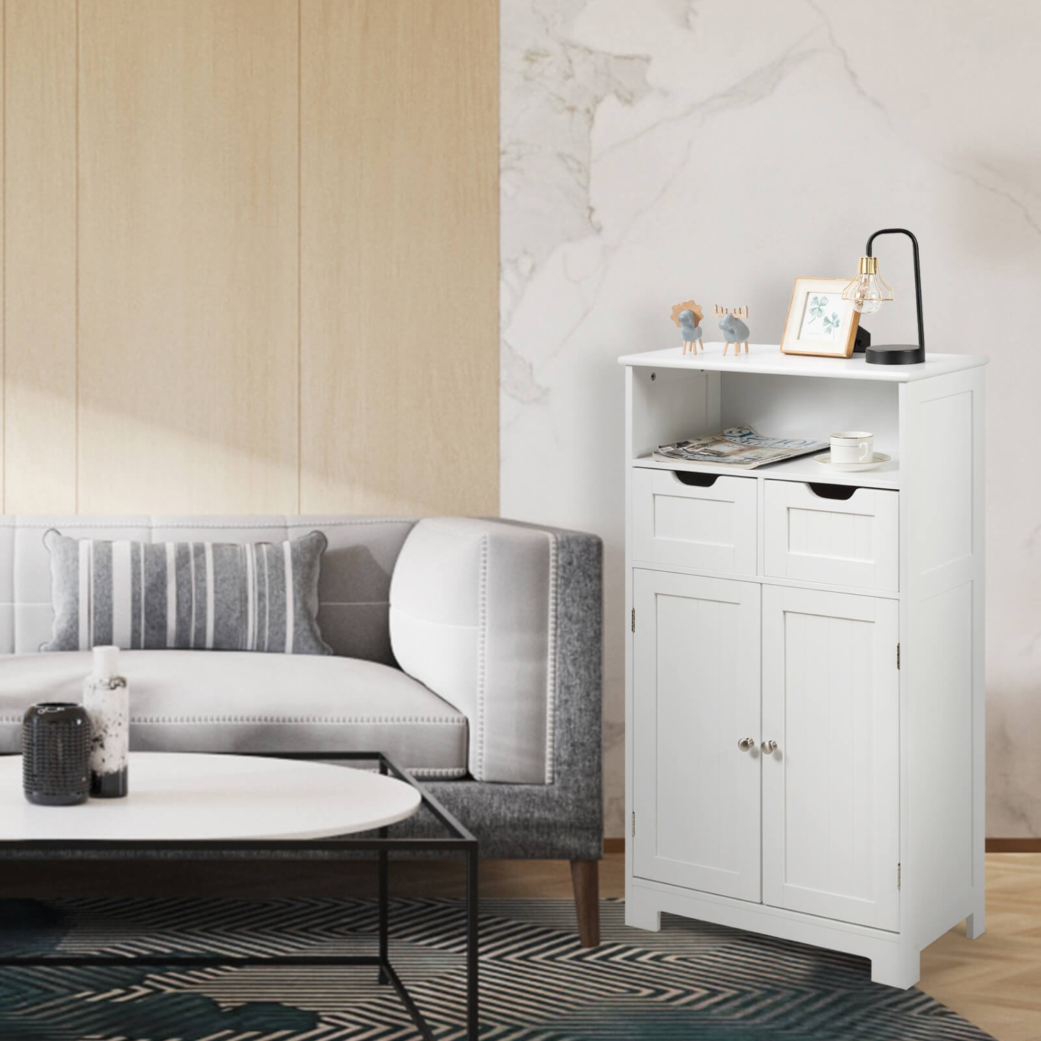 Bathroom Wooden Side Cabinet with 2 Drawers and 2 Doors for Storage