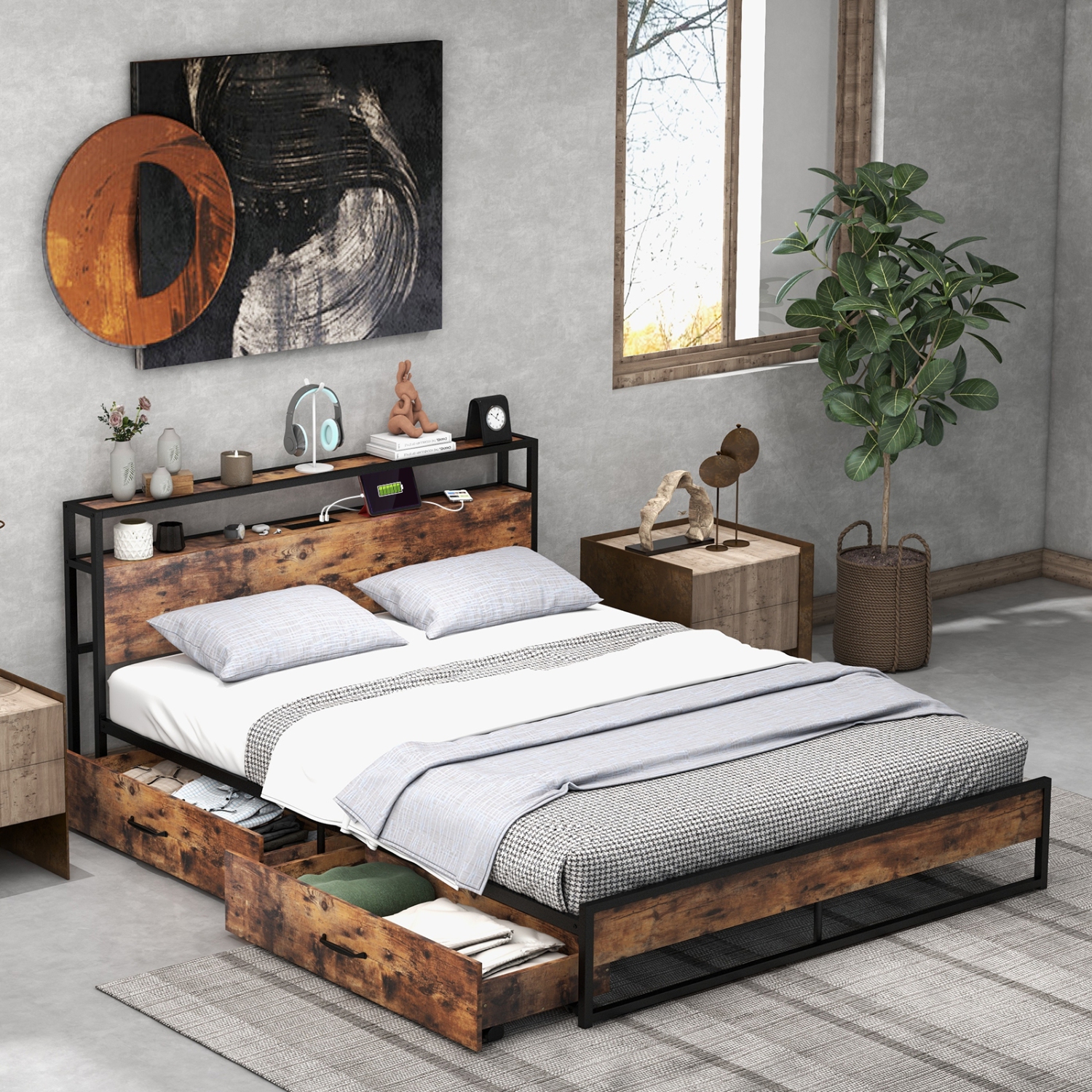 Bed Frame with Multi-Level Storage Headboard and Integrated Charging