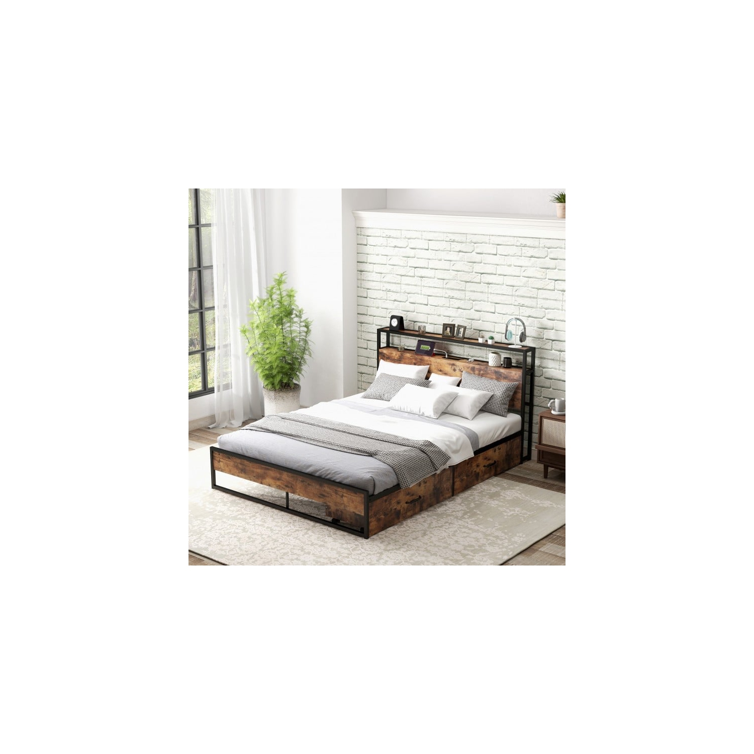 Bed Frame with Multi-Level Storage Headboard and Integrated Charging