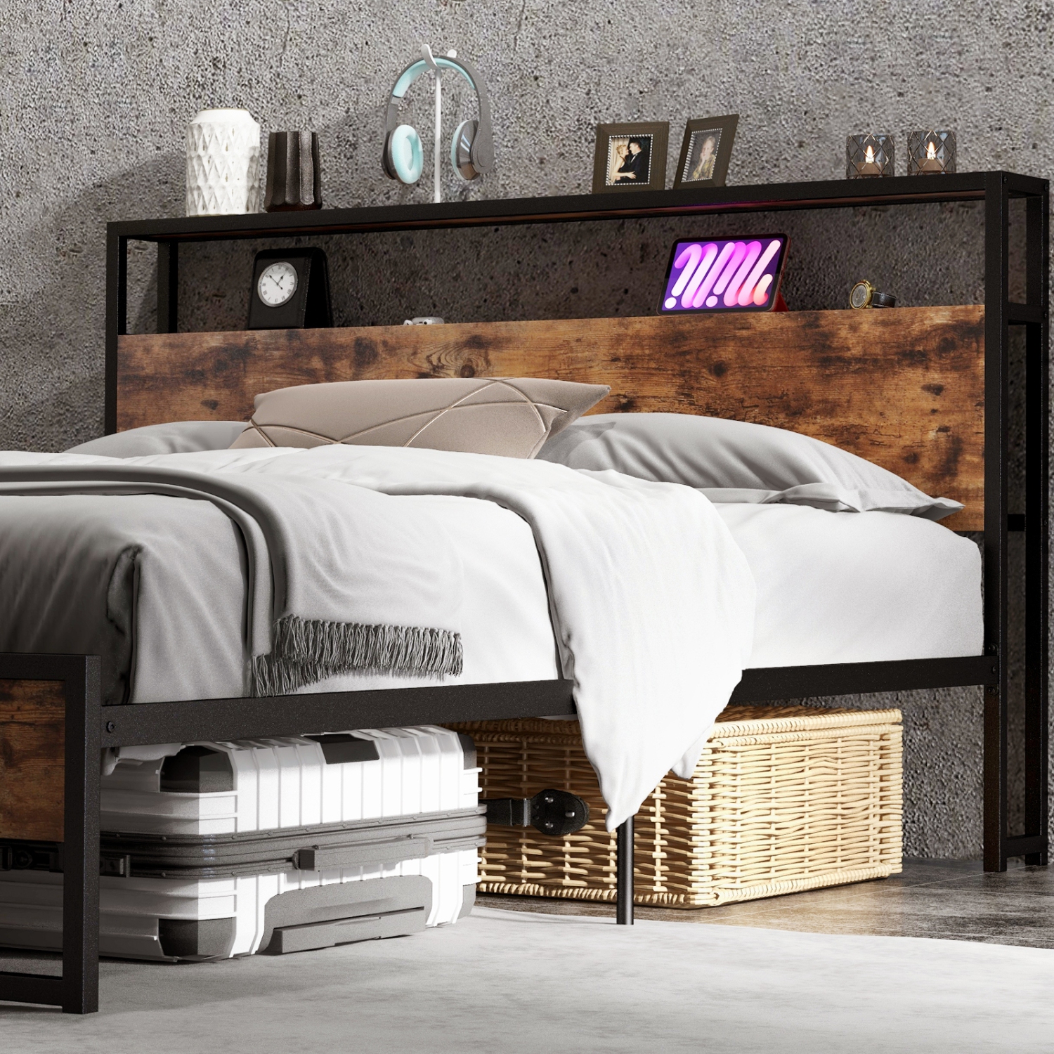 Bed Frame with Multi-Level Storage Headboard and Integrated Charging