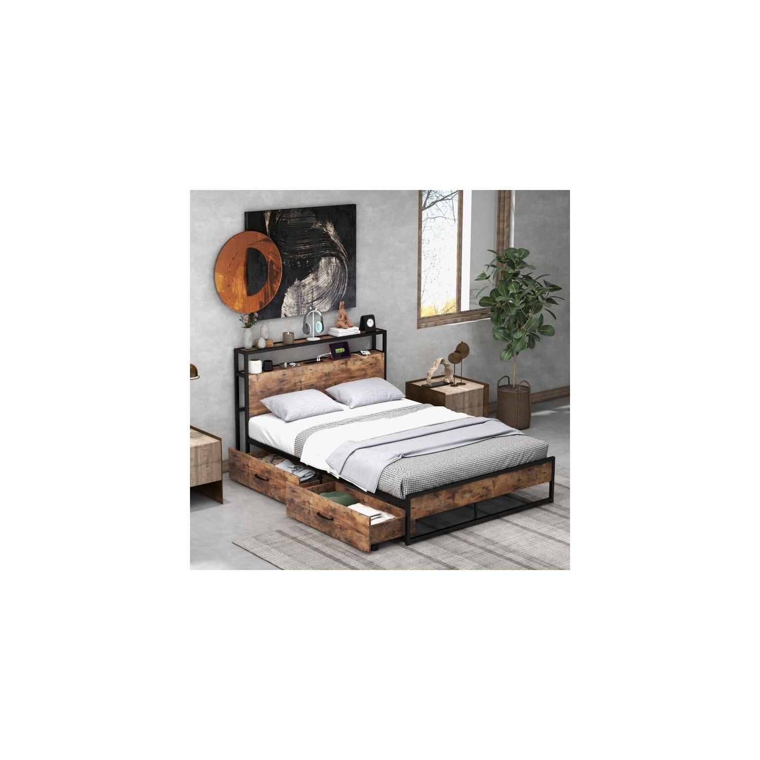 Bed Frame with Multi-Level Storage Headboard and Integrated Charging