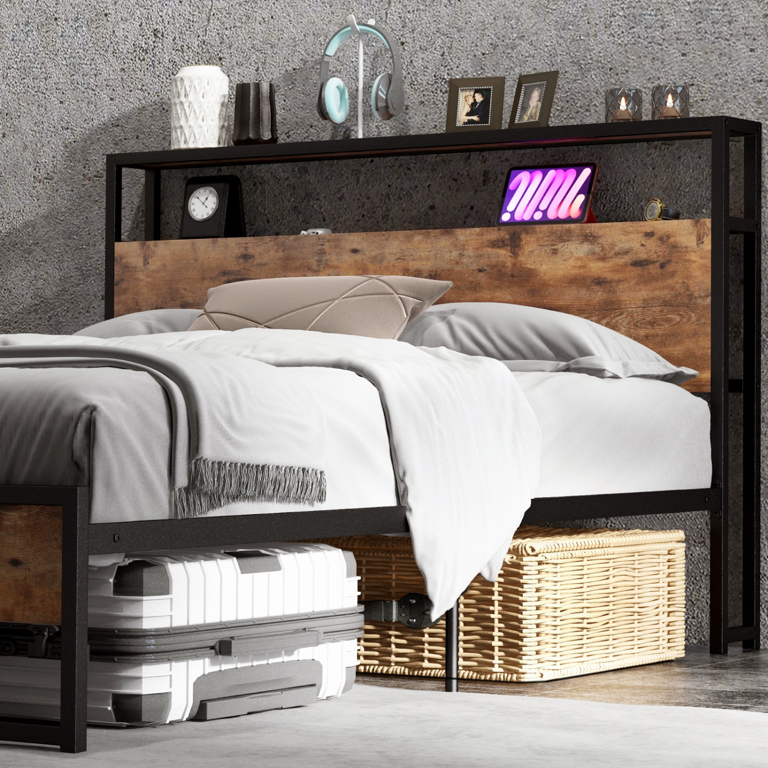 Bed Frame with Multi-Level Storage Headboard and Integrated Charging