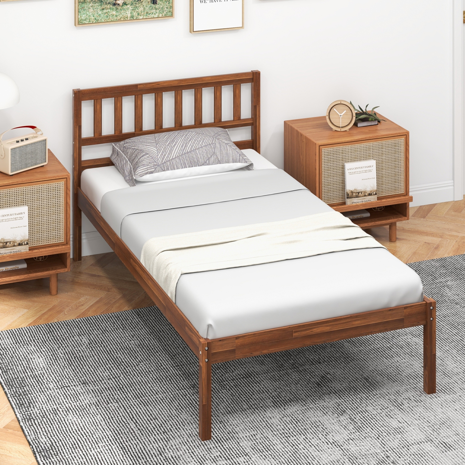 Bed Frame with Wood Construction, Headboard, and Slat Support