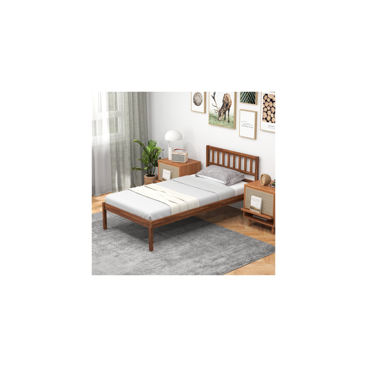 Bed Frame with Wood Construction, Headboard, and Slat Support