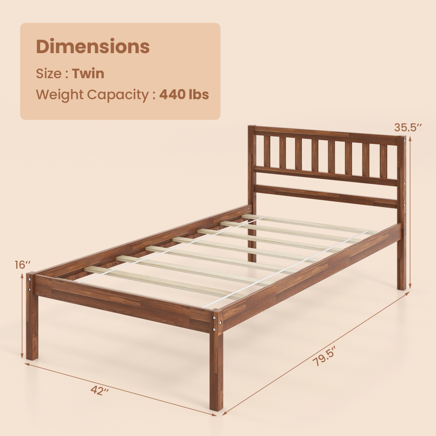 Bed Frame with Wood Construction, Headboard, and Slat Support