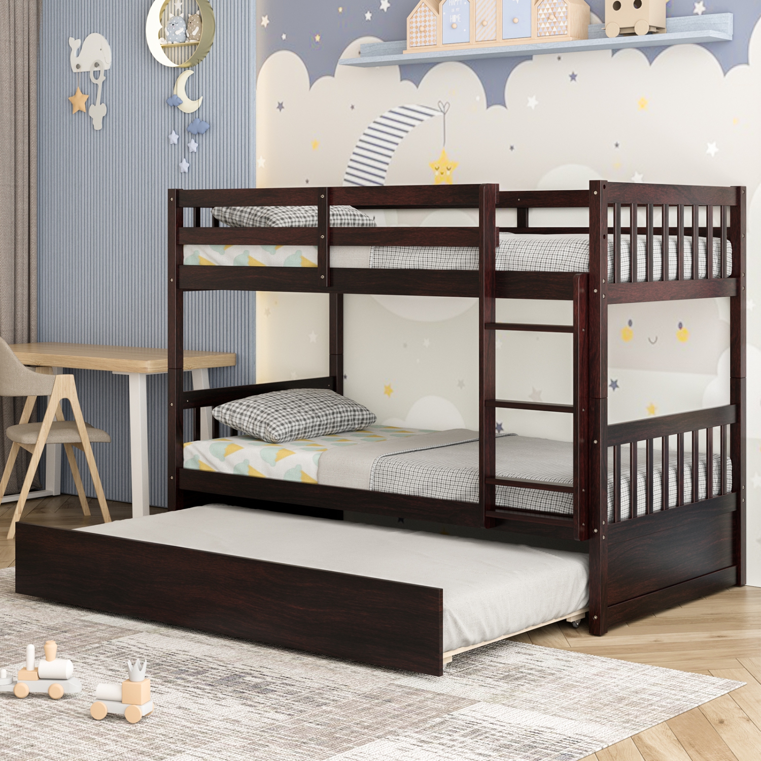 Wooden Bunk Bed Frame with Ladder and Trundle Bed Storage