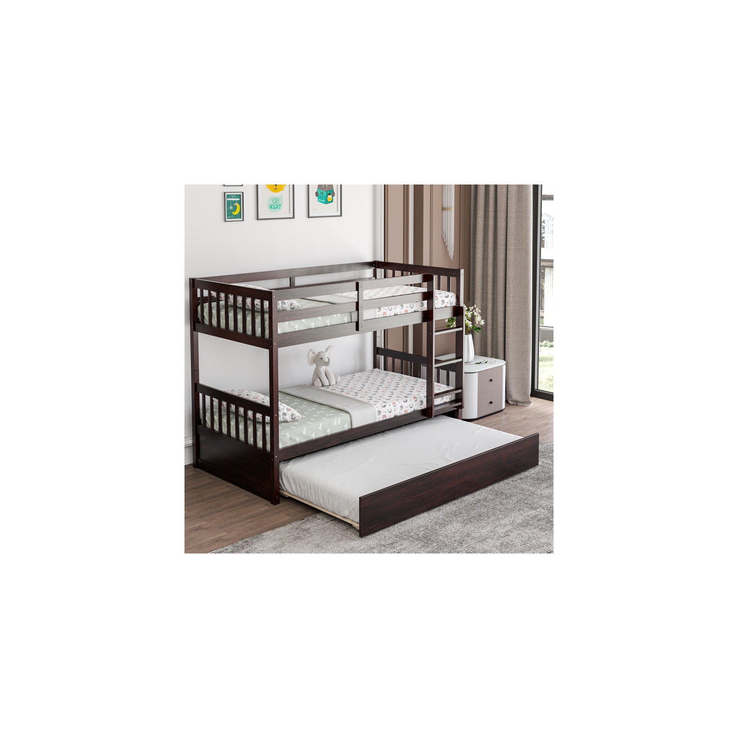 Wooden Bunk Bed Frame with Ladder and Trundle Bed Storage