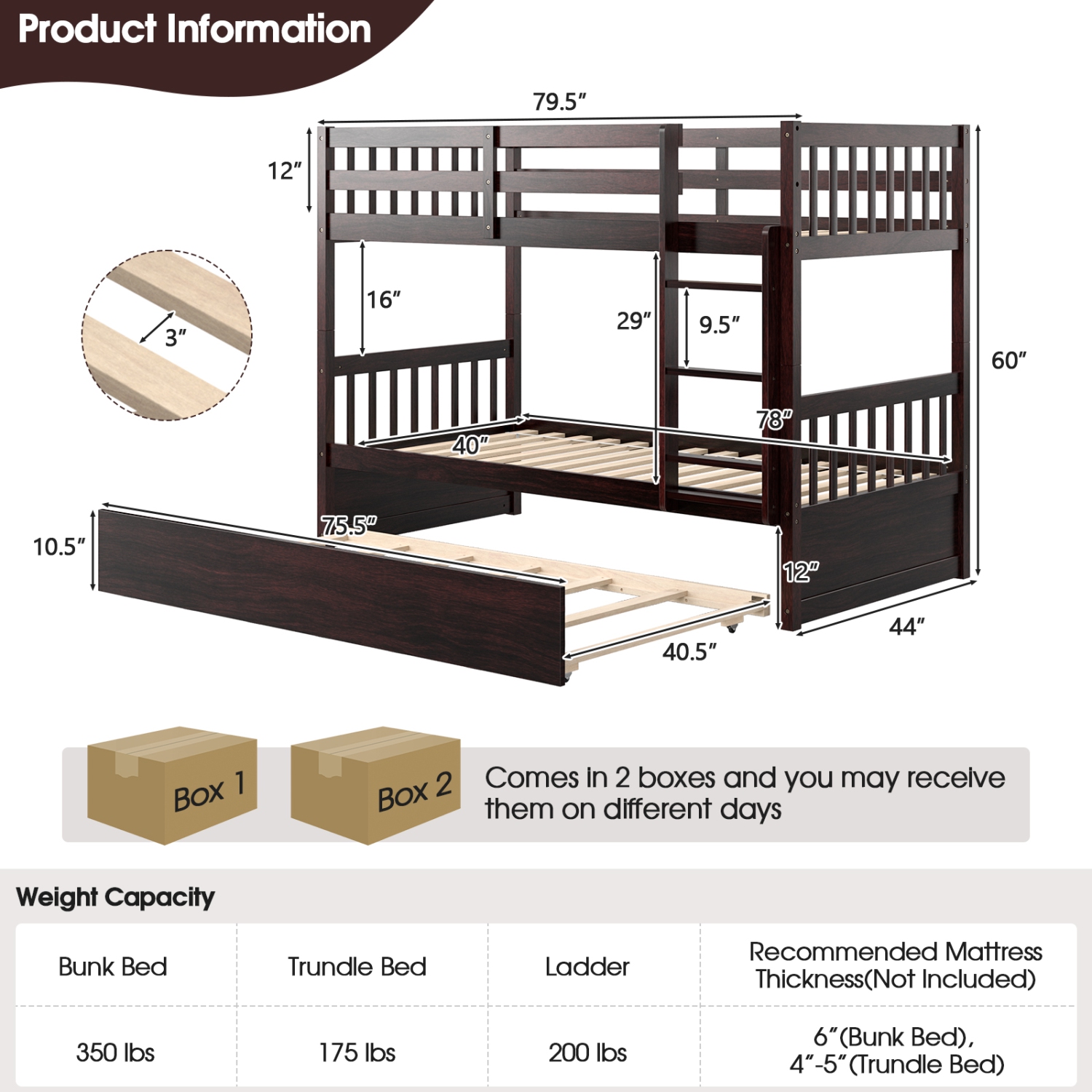 Wooden Bunk Bed Frame with Ladder and Trundle Bed Storage